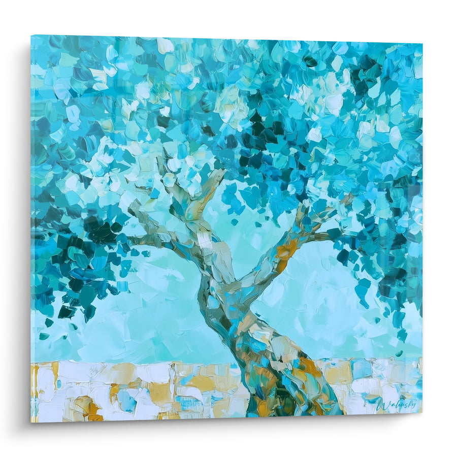 Tableau Olivier au tronc torsadé bleu turquoise - Fraîcheur méditerranéenne - Edition Olivier