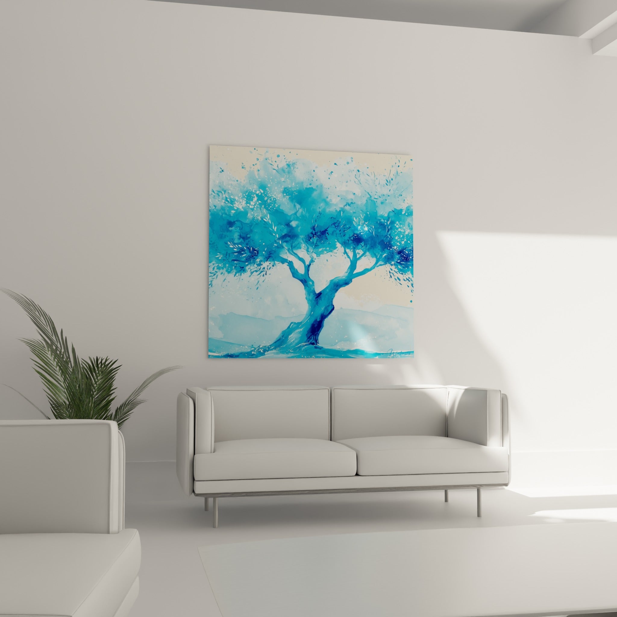 Arbre séculaire aux tons bleu turquoise et anthracite, au-dessus d'un canapé dans un salon lumineux