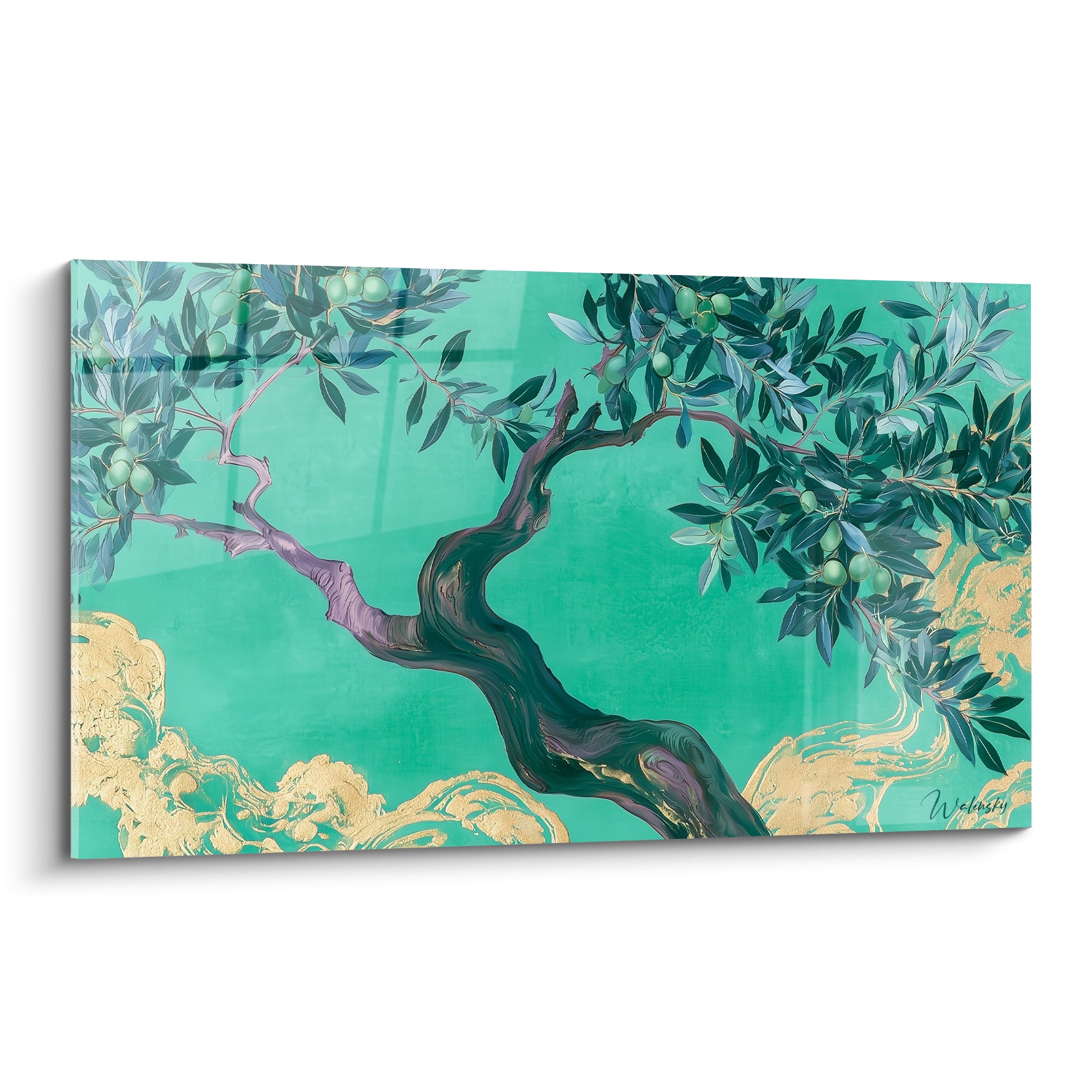 Olivier au tronc violine tordu sur fond turquoise, feuillage bleuté et nuages dorés stylisés