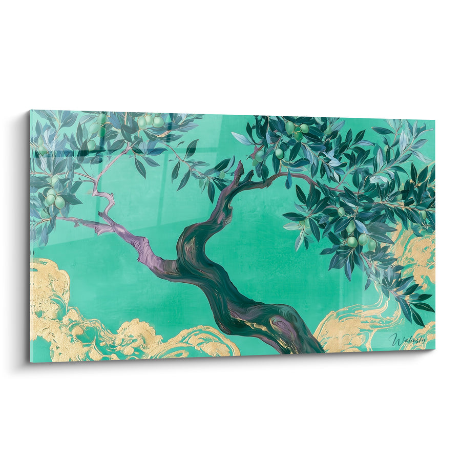 Tableau Olivier tronc violet et vert émeraude sur nuées dorées - Olives vertes suspendues - Edition Olivier