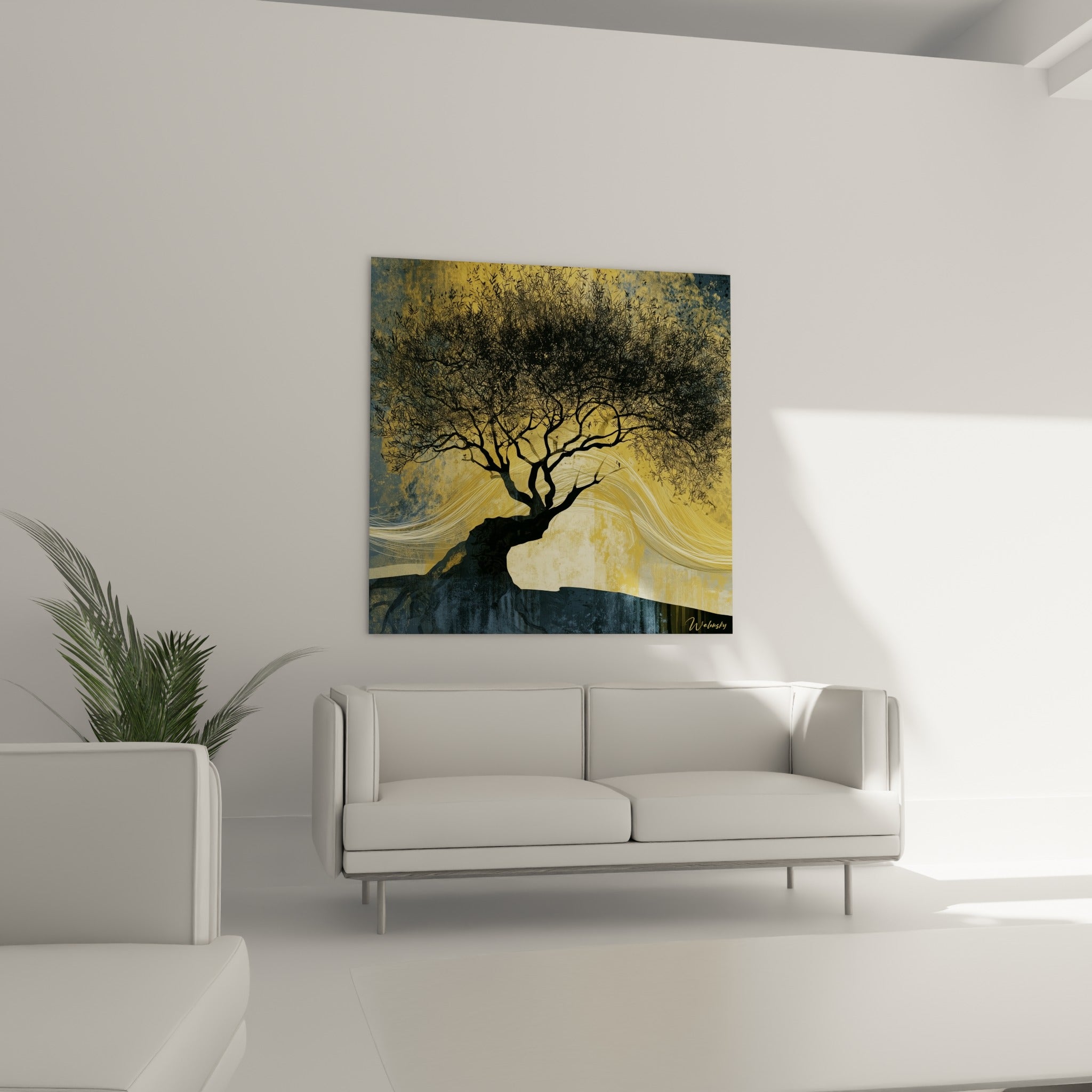 Arbre noueux aux teintes dorées et anthracite installé au-dessus d'un canapé dans un salon lumineux