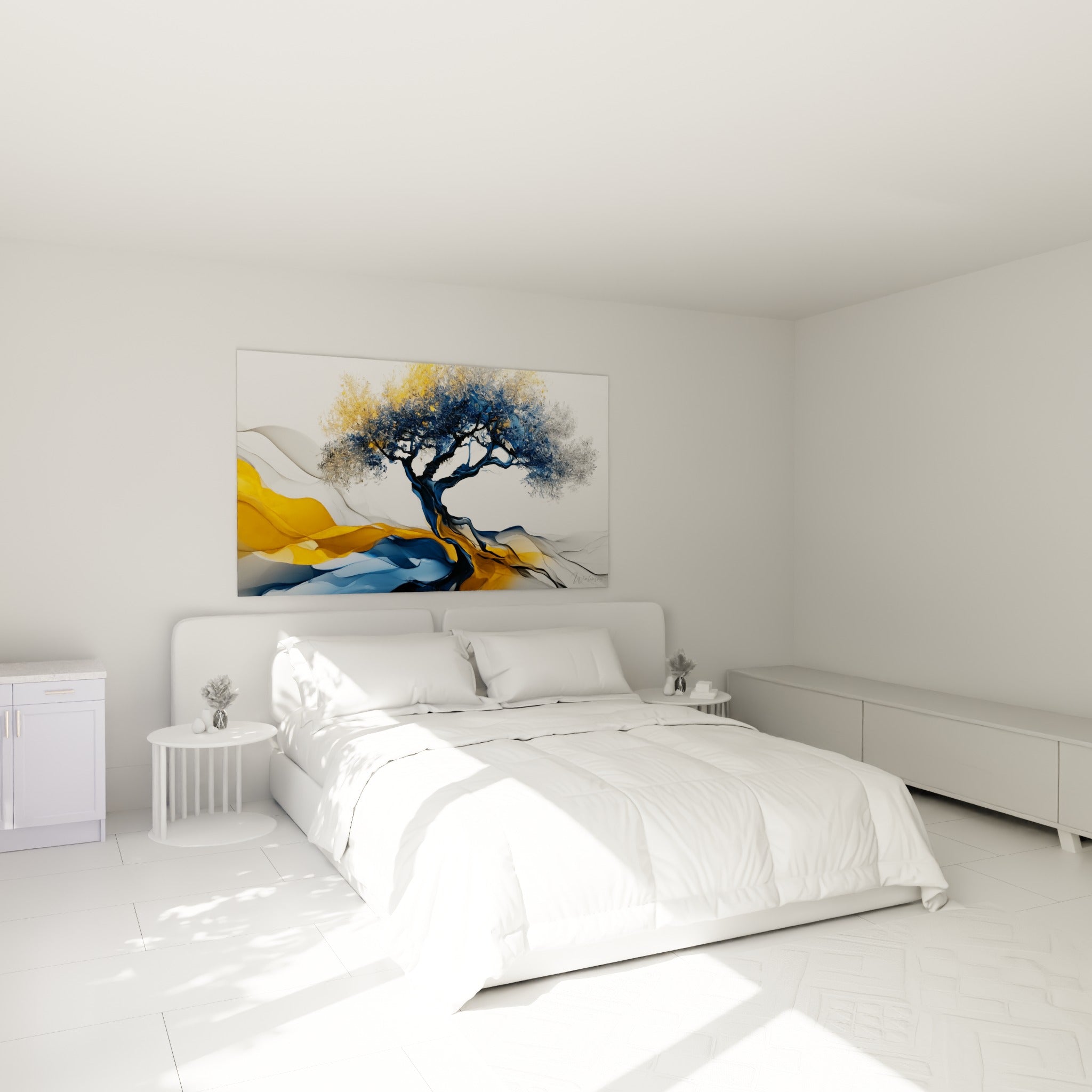 Arbre stylisé bleu et doré aux racines fluides, au-dessus d'un lit dans une chambre claire