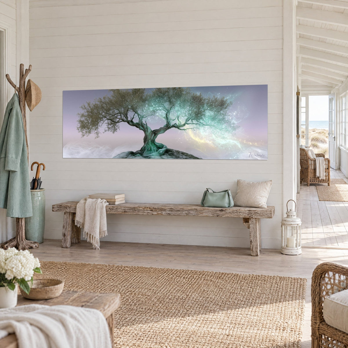 Wall art of a sculpted tree with khaki and turquoise branches, lilac sky, pearly smoke against a white panelled wall, wooden bench