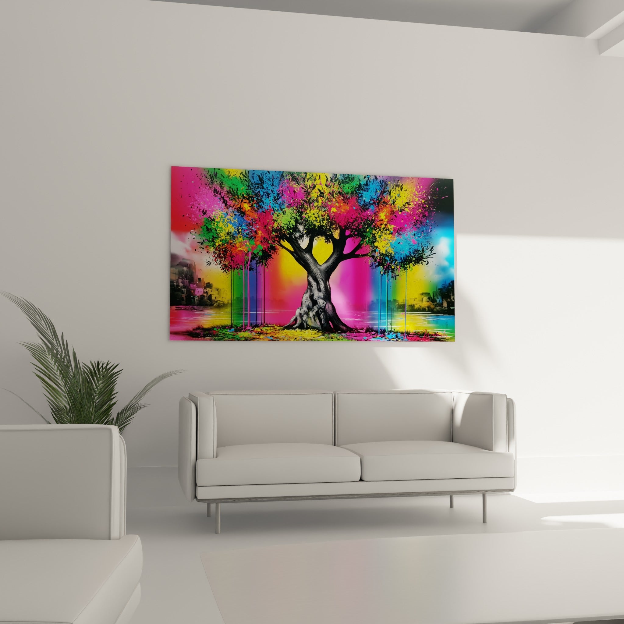 Arbre coloré aux nuances vertes et magenta éclatantes, au-dessus d'un canapé dans un salon lumineux