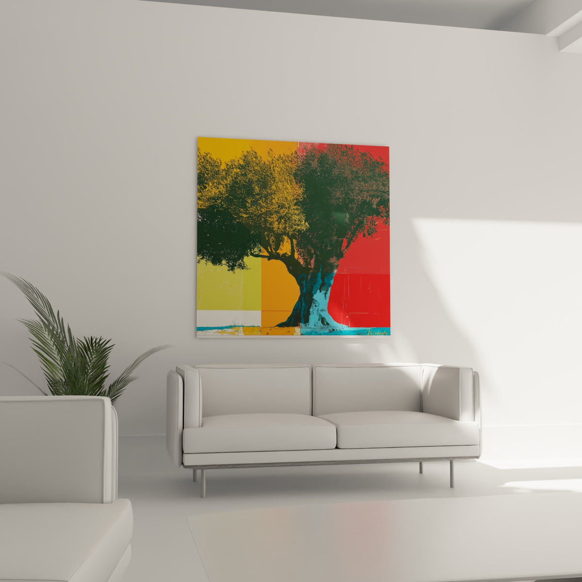 Arbre séculaire aux couleurs rouge et orange vibrantes disposé au-dessus d'un canapé dans un salon lumineux