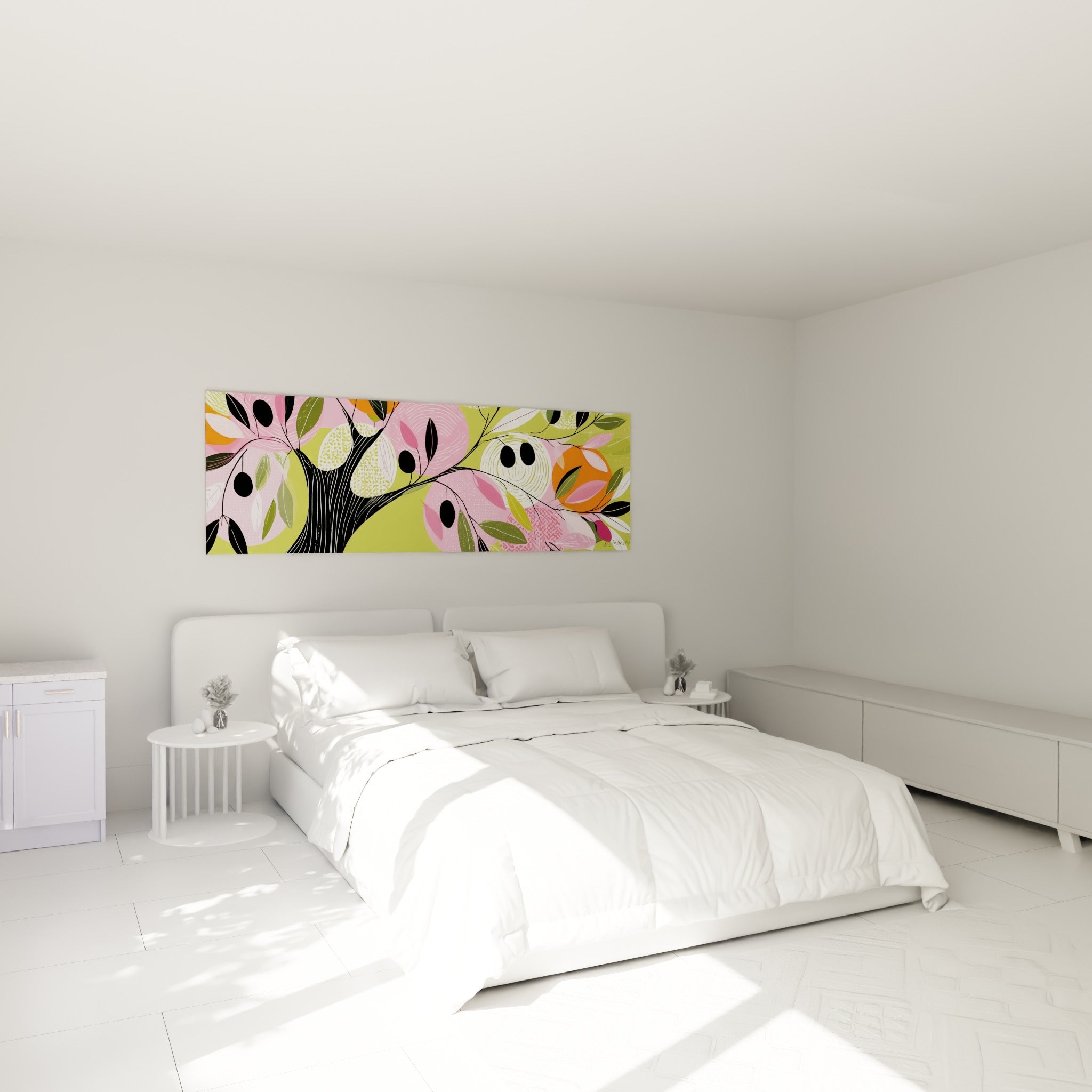 Silhouette d'olivier rose et vert olive accrochée au-dessus d'un lit dans une chambre claire