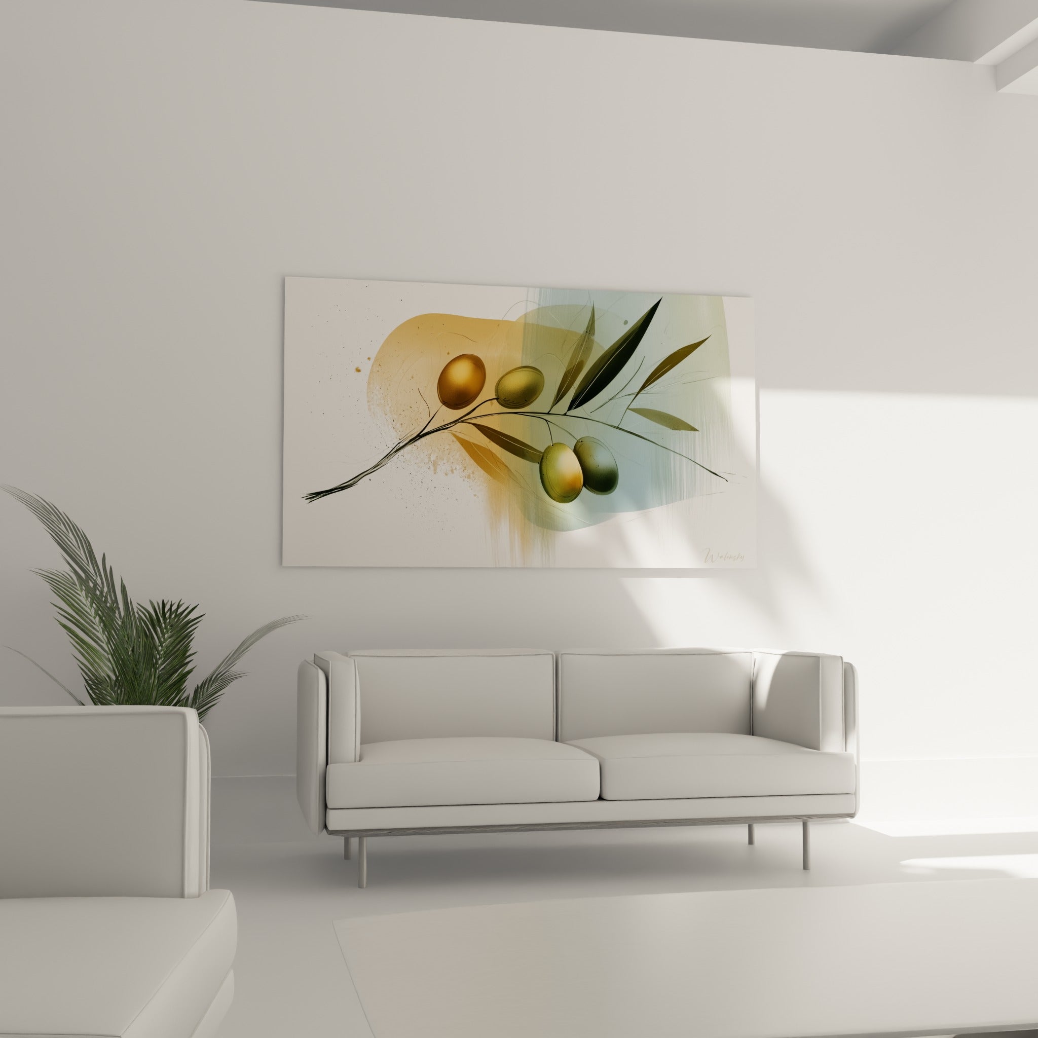 Olives dorées et feuilles vert sauge sur fond bleu pastel, au-dessus d'un canapé dans un salon lumineux