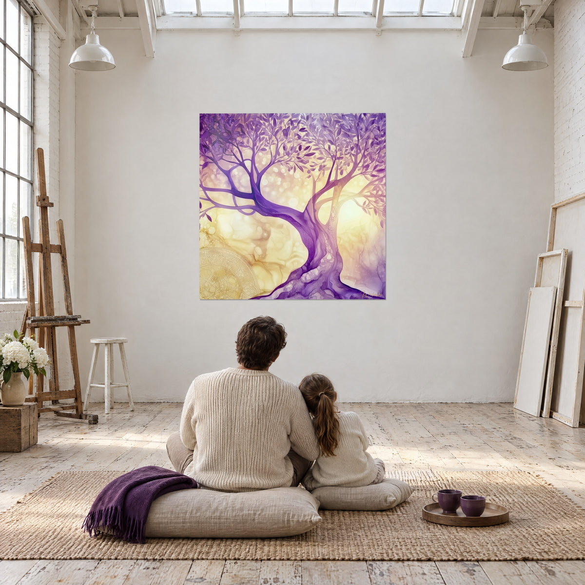Tableau ramage violet aux reflets d'or, mandala doré en bas à gauche, contemplé par deux personnes dans un atelier