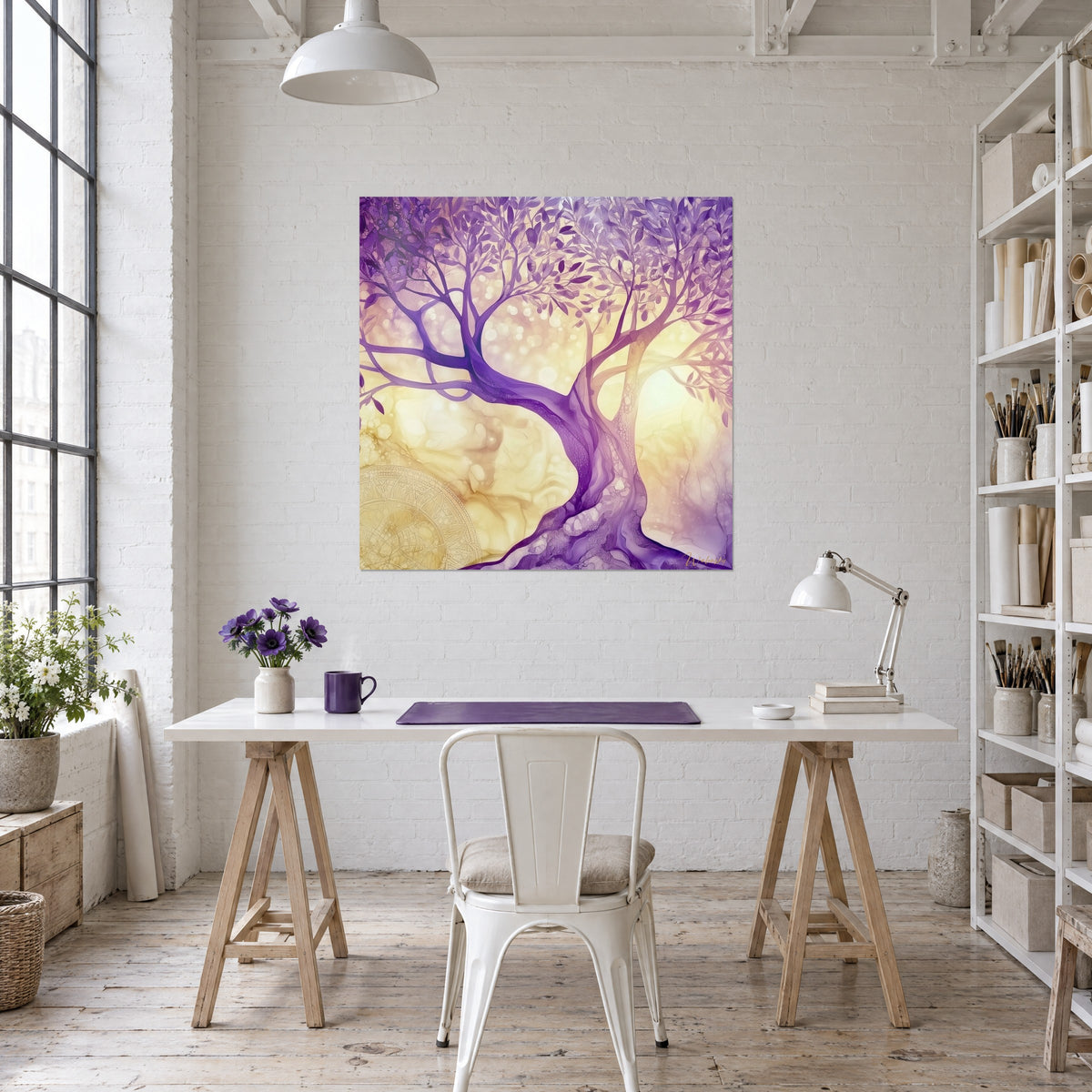 Tableau silhouette d'olivier mauve sur fond crème doré, au-dessus d'un bureau blanc, bouquet violet et lampe