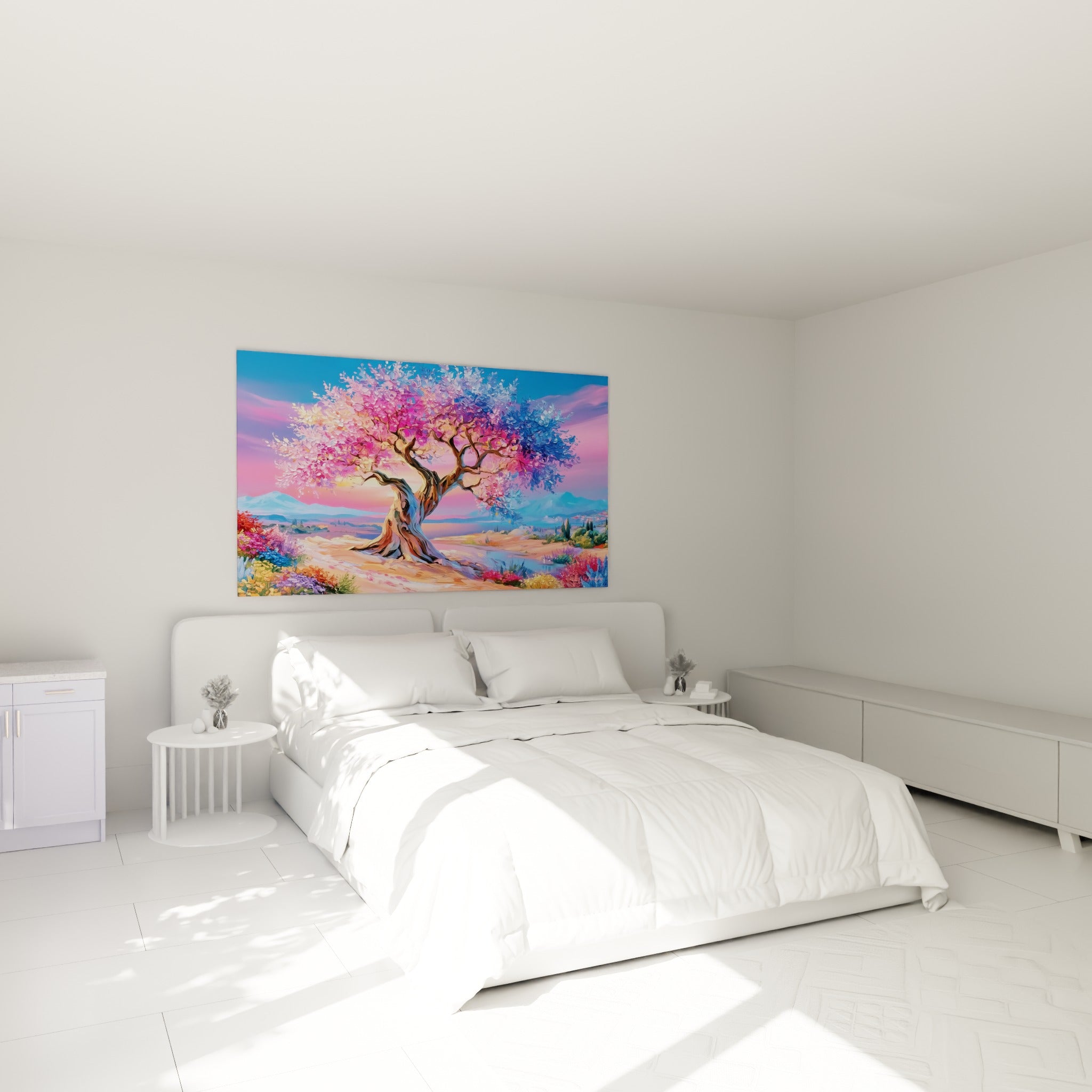 Arbre méditerranéen aux teintes roses et violettes accroché au-dessus d'un lit dans une chambre claire