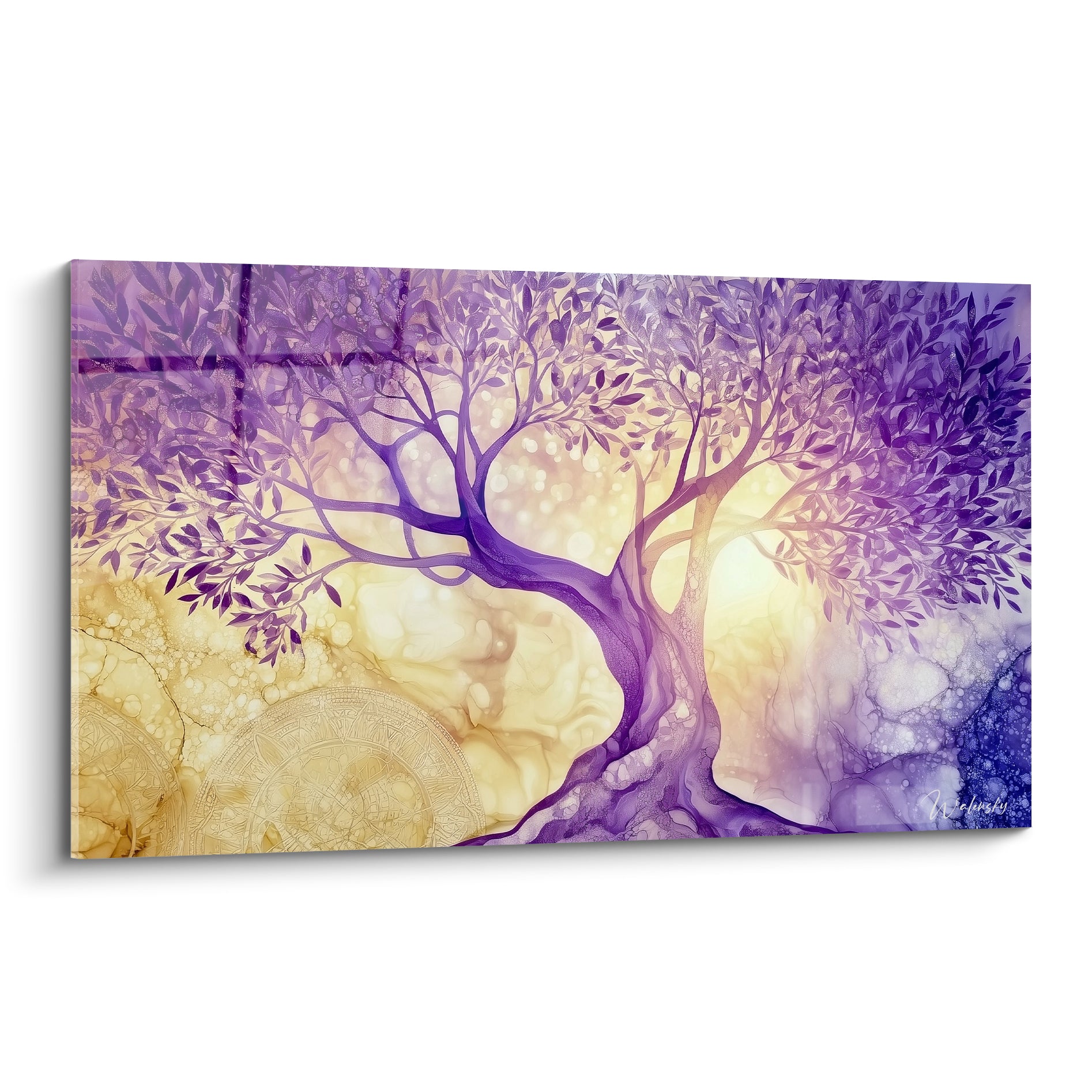 Olivier violet et doré aux branches déployées, feuillage détaillé, technique aquarelle lumineuse