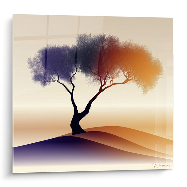 Tableau Olivier solitaire violet et orangé sur colline - Bascule du crépuscule - Edition Olivier