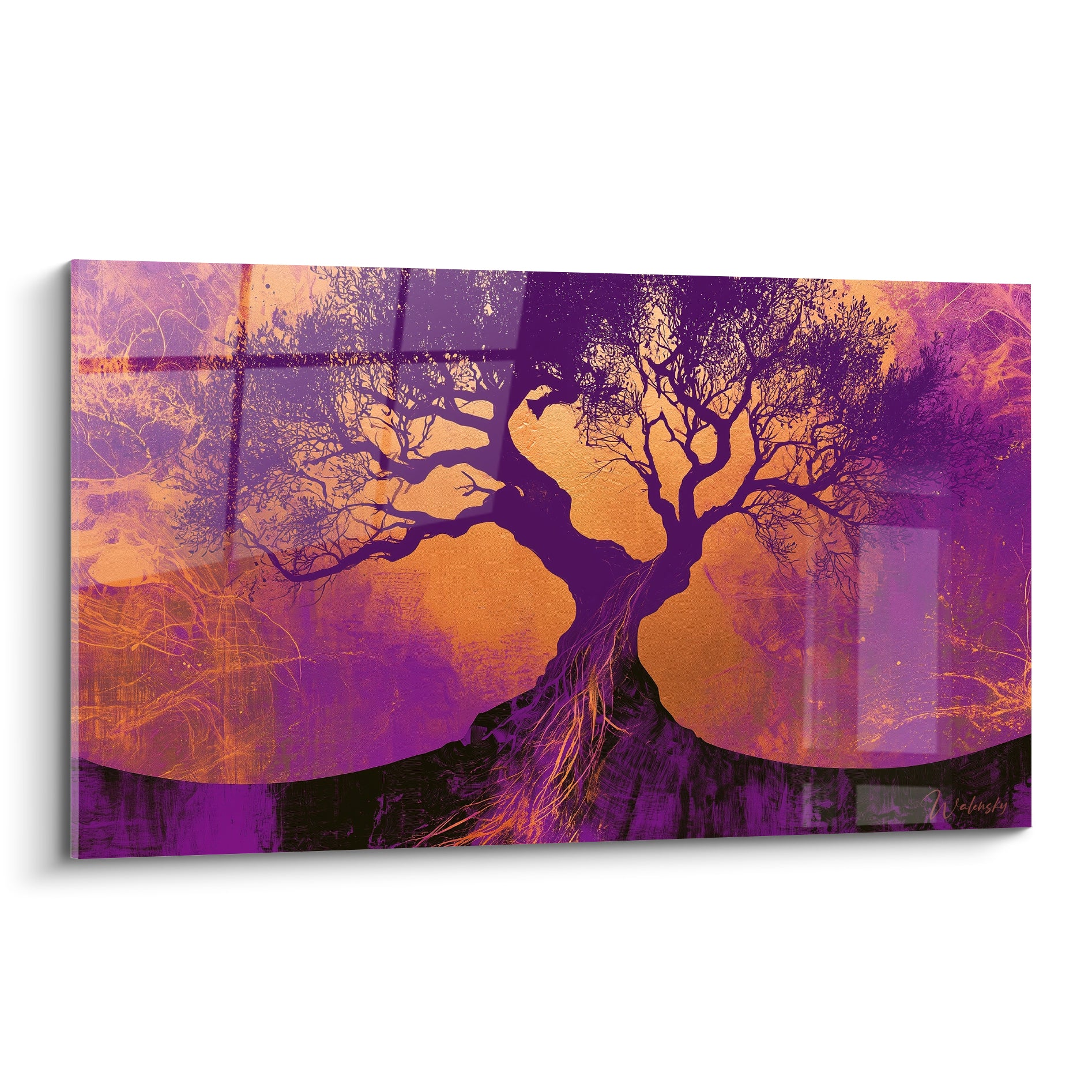 Olivier centenaire aux branches violettes se déployant sur un fond orange incandescent et doré
