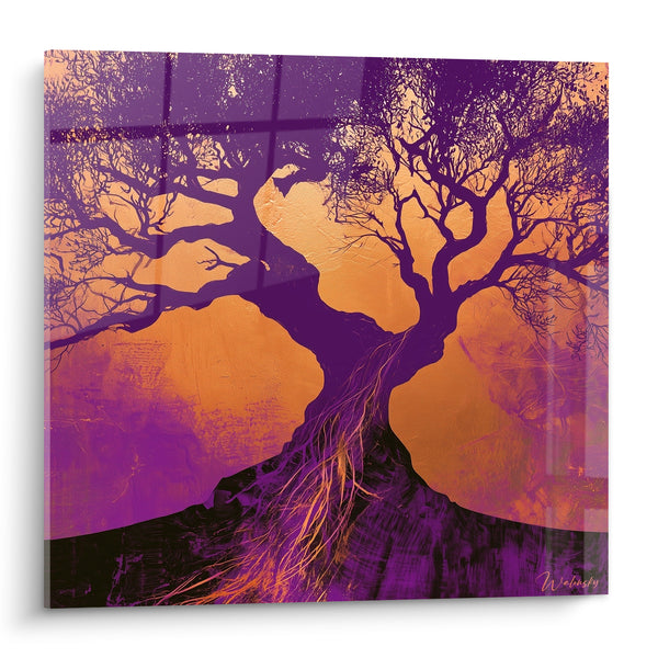 Tableau Olivier tourmenté violet et orangé - Racines en feu - Edition Olivier