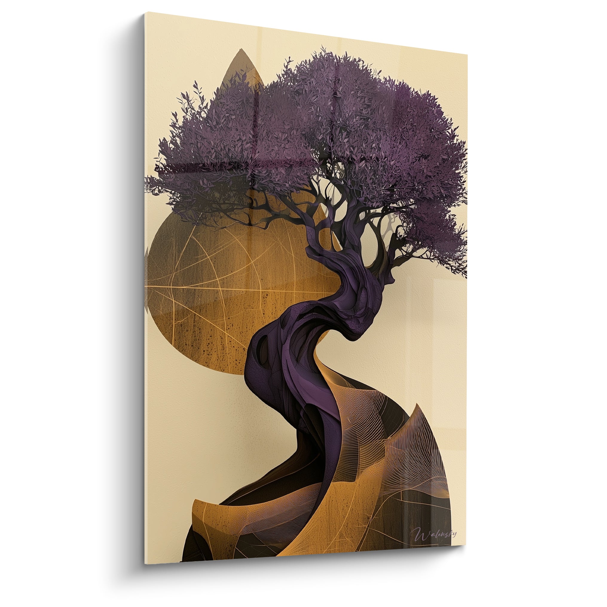 Olivier violet aux racines torsadées dorées et anthracite, arbre stylisé sur fond crème