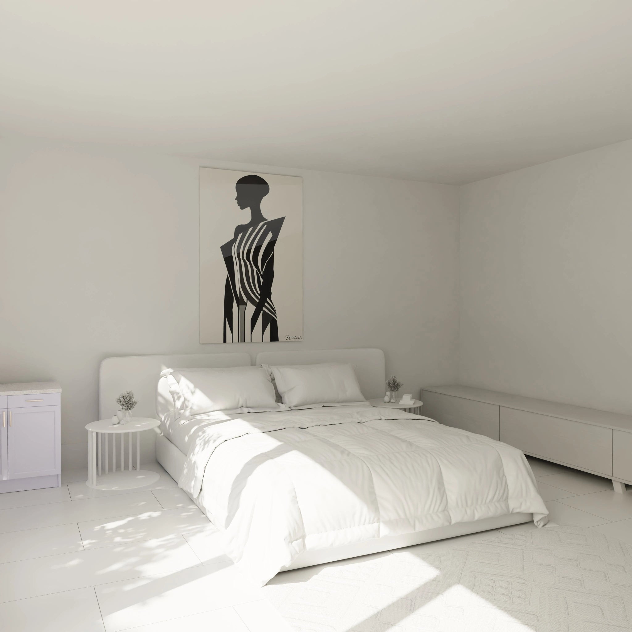Un tableau silhouette noir et blanc montrant une figure féminine stylisée avec des rayures courbes qui suivent les contours du corps. Les teintes se limitent au noir profond, blanc et diverses nuances de gris sur un fond neutre, créant un effet optique dynamique.
