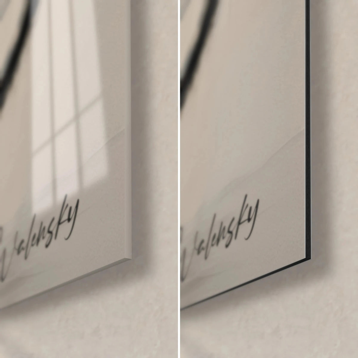 Quadro di pantera d'ebano, angolo in basso a destra: vetro acrilico lucido a sinistra, alluminio Dibond nero opaco a destra, firma Walensky