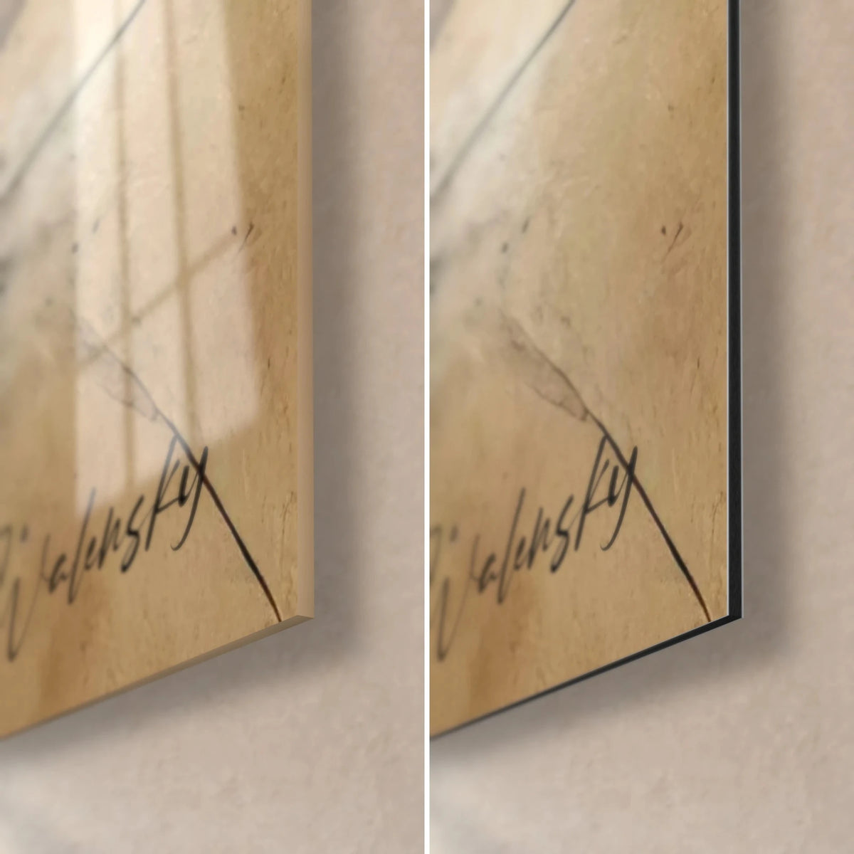 Wall art fox sketched in ink, Walensky signature bottom right, glossy acrylic glass and matte black 3 mm Dibond
