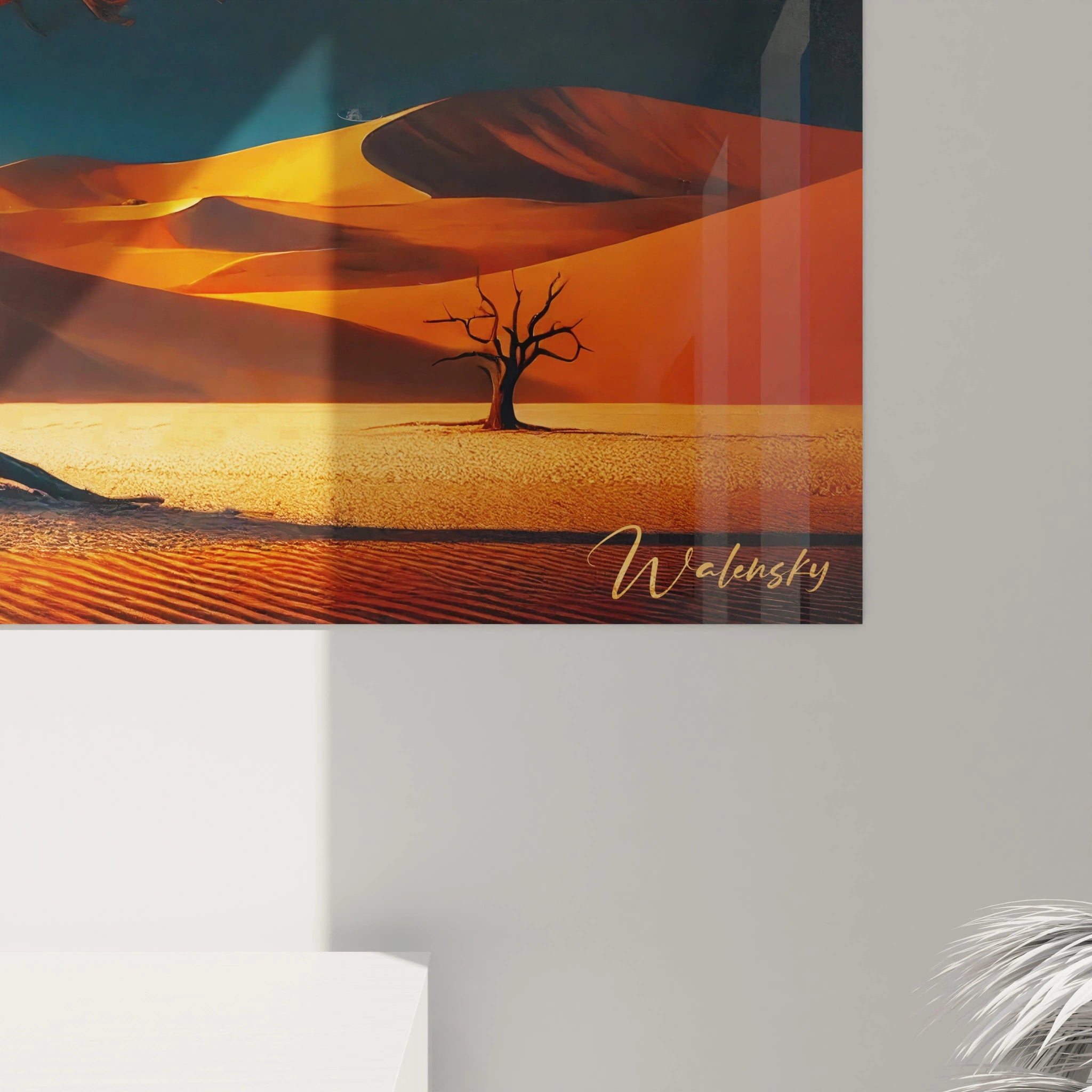 Vue de pres du Tableau Desert revelant les details subtils des dunes et de l'arbre solitaire. Ce tableau Desert incarne la fusion entre realisme et abstraction pour un impact visuel puissant.






