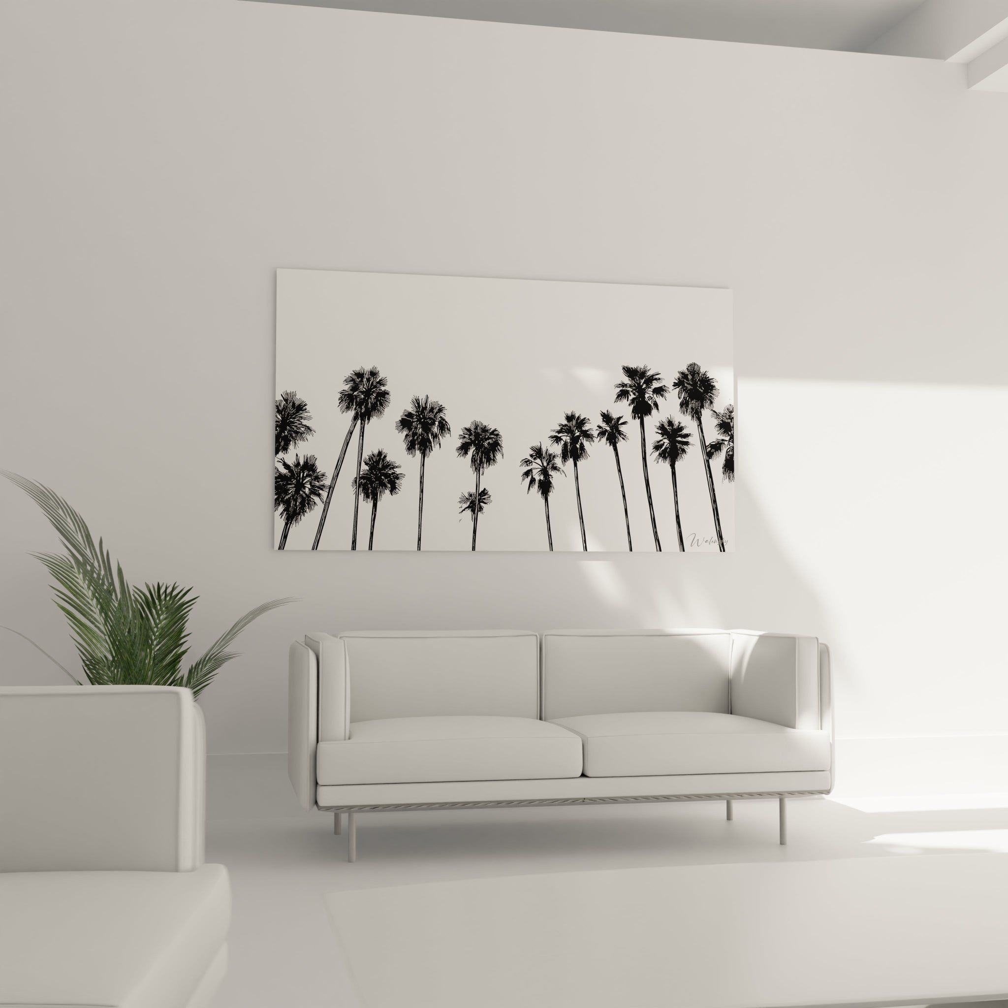 Un tableau palmier monochrome représentant une ligne de palmiers en silhouette noire sur fond blanc. Chaque arbre possède des textures distinctes dans ses frondes en éventail, formant une composition harmonieuse mêlant élégance graphique et simplicité minimaliste.
