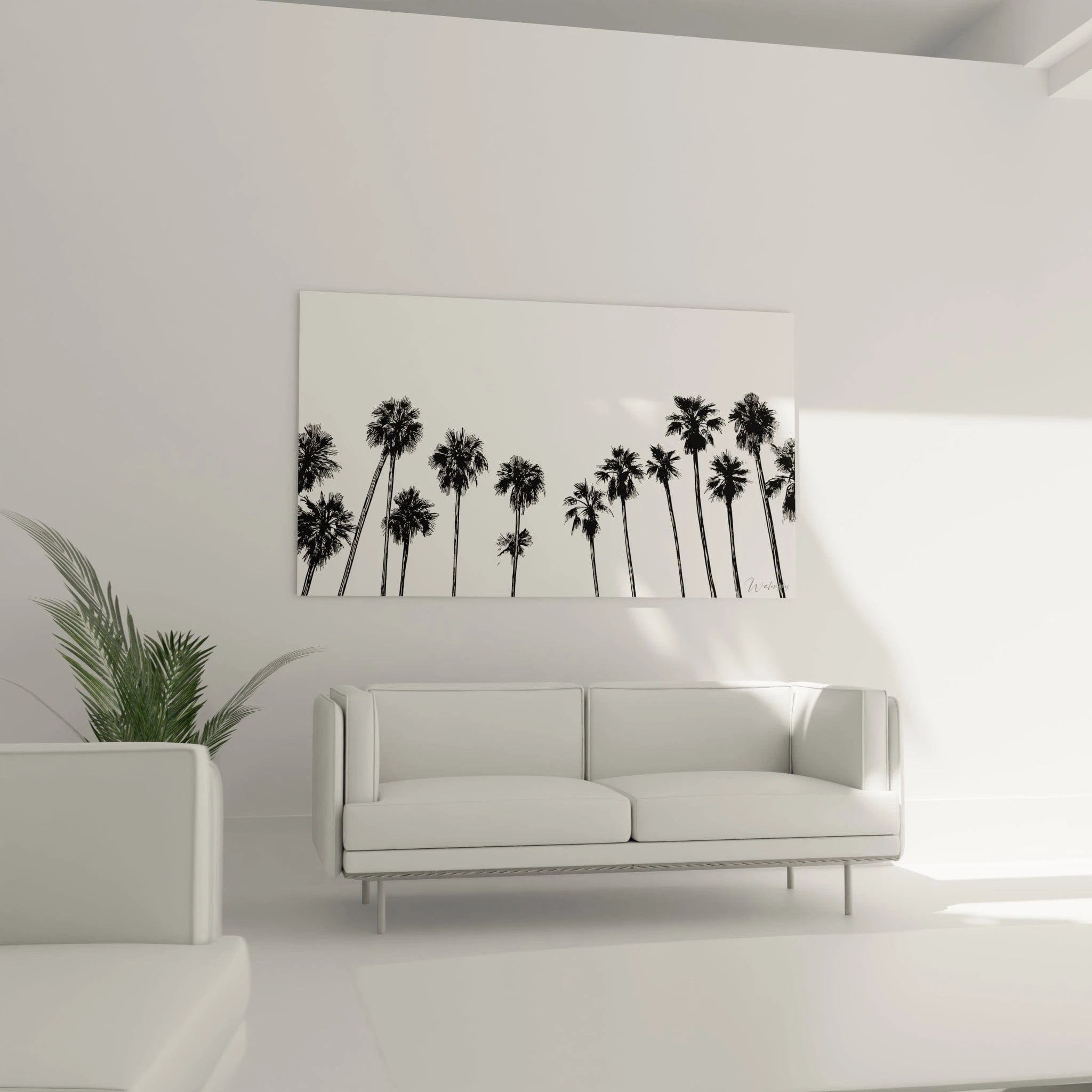 Un tableau palmier monochrome représentant une ligne de palmiers en silhouette noire sur fond blanc. Chaque arbre possède des textures distinctes dans ses frondes en éventail, formant une composition harmonieuse mêlant élégance graphique et simplicité minimaliste.
