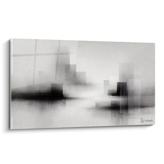 "Quadro minimalista astratto in tonalità di grigio. Scena urbana misteriosa, blocchi geometrici fluttuanti in una nebbia purificata. Atmosfera serena e malinonica."