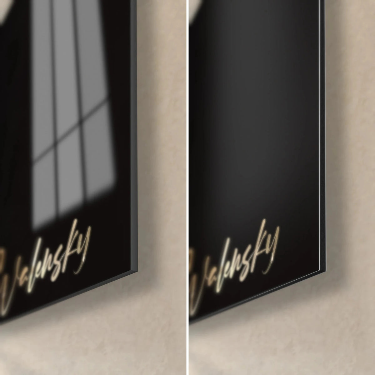 Gemälde Nesseltier in Elfenbein und Gold, untere rechte Ecke: glänzendes Acrylglas links, matter Alu-Dibond rechts, 3 mm Kante