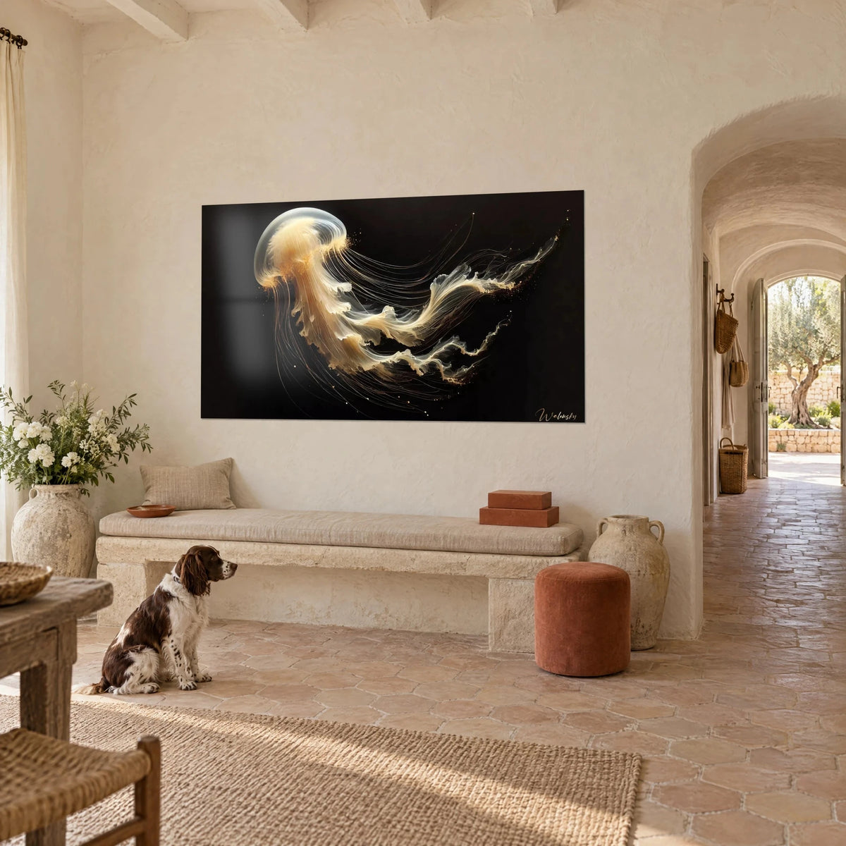Gemälde Jellyfish mit durchscheinendem Körper, cremefarbene und ockerfarbene Schleier schweben in tiefem Schwarz, provenzalisches Landhaus, Spaniel sitzt am Boden