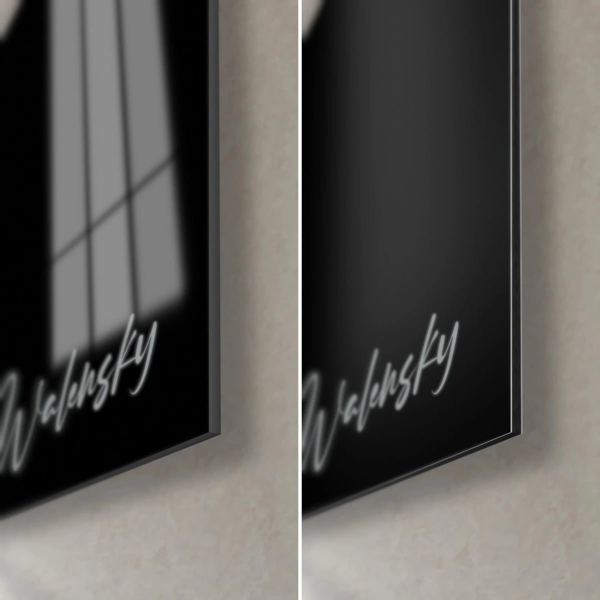 Quadro delfino in bianco e nero, angolo in basso a destra: firma argentata Walensky, vetro lucido a sinistra, Dibond opaco e bordo da 3 mm