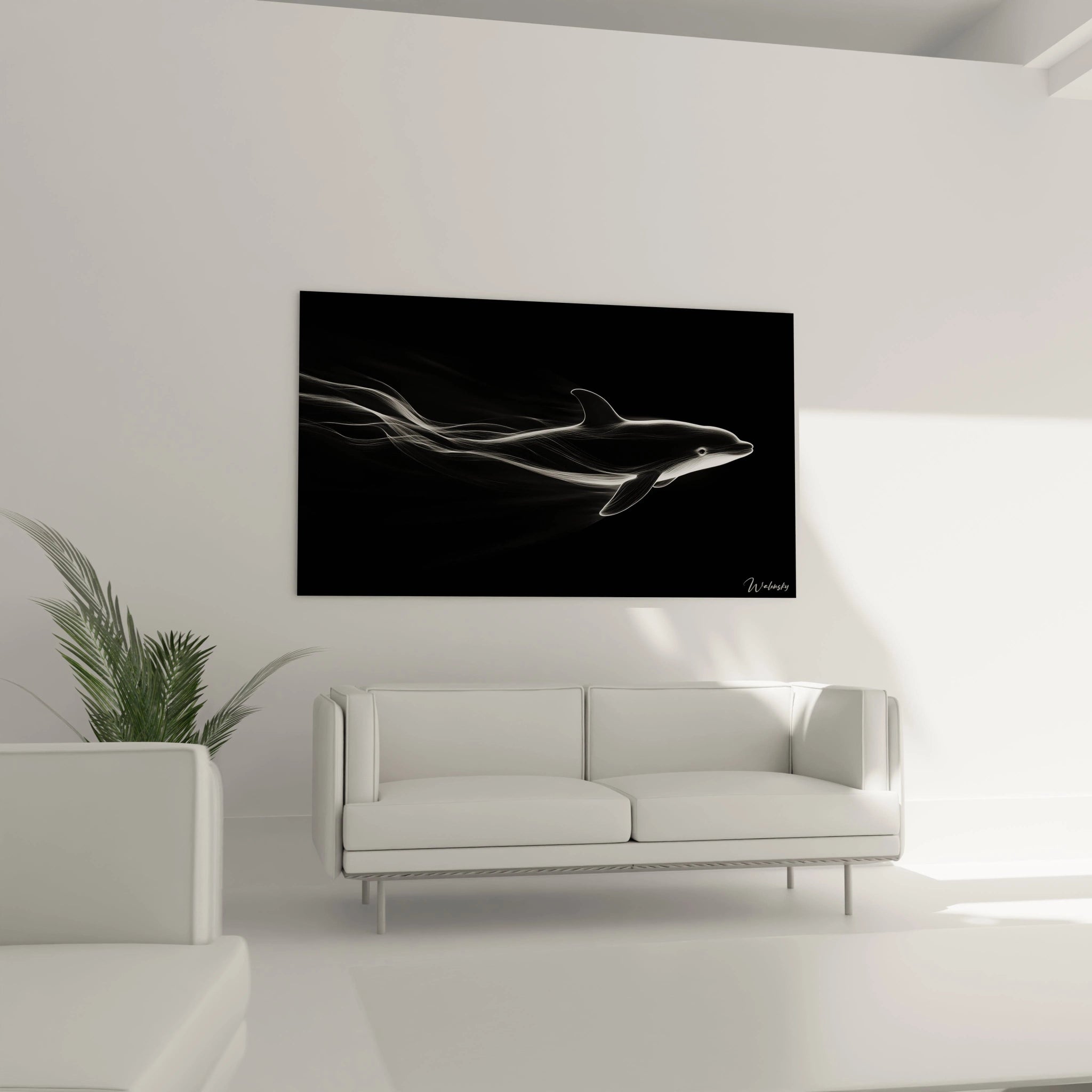 Un tableau dauphin noir et blanc réalisé dans un style minimaliste, montrant l'animal en mouvement vers la droite. Les lignes blanches délicates s'entrelacent pour former la silhouette du mammifère marin, créant des effets de volume et de texture qui contrastent fortement avec le fond noir intense et uniforme.
