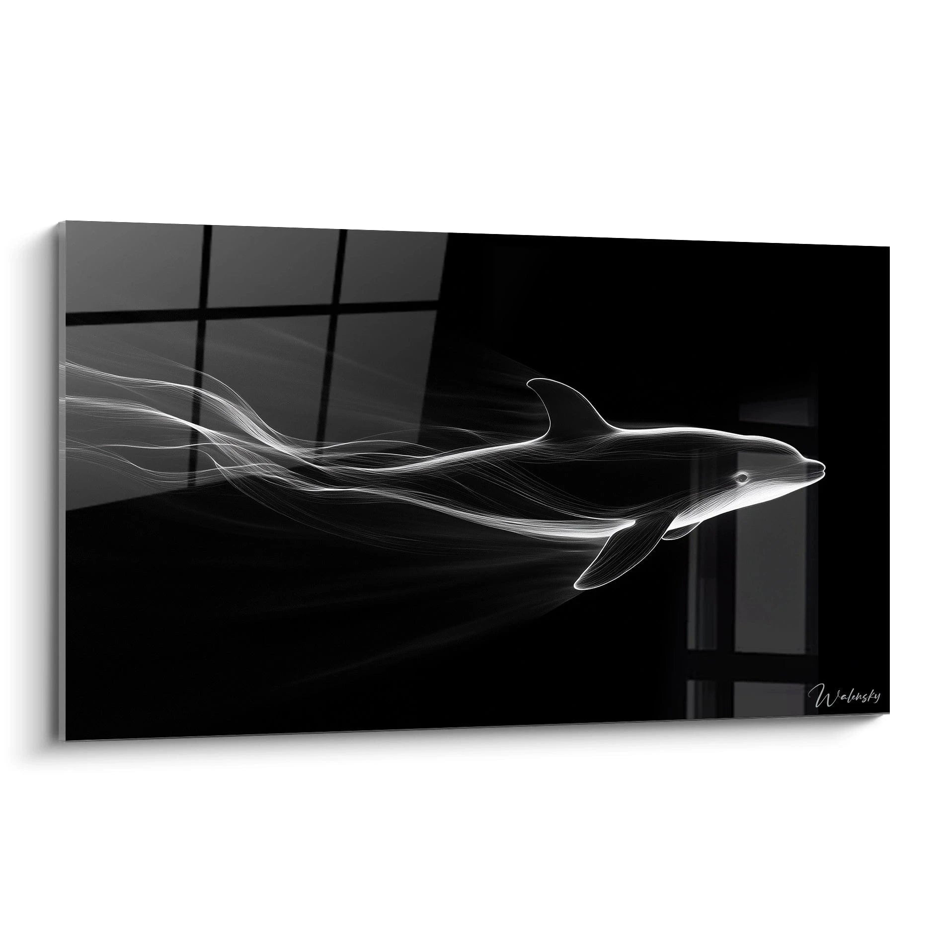 Un tableau dauphin minimaliste composé uniquement de fines lignes blanches sur fond noir, représentant un dauphin en plein mouvement. Les contours fluides et superposés créent une impression de déplacement gracieux à travers l'espace sombre, évoquant une silhouette lumineuse dans les profondeurs marines.
