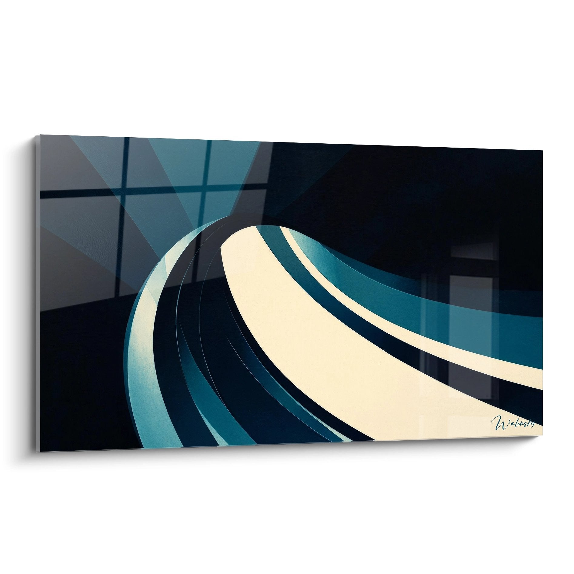 Tableau mural onde spiralée moderne bleu et crème, art abstrait contemporain design