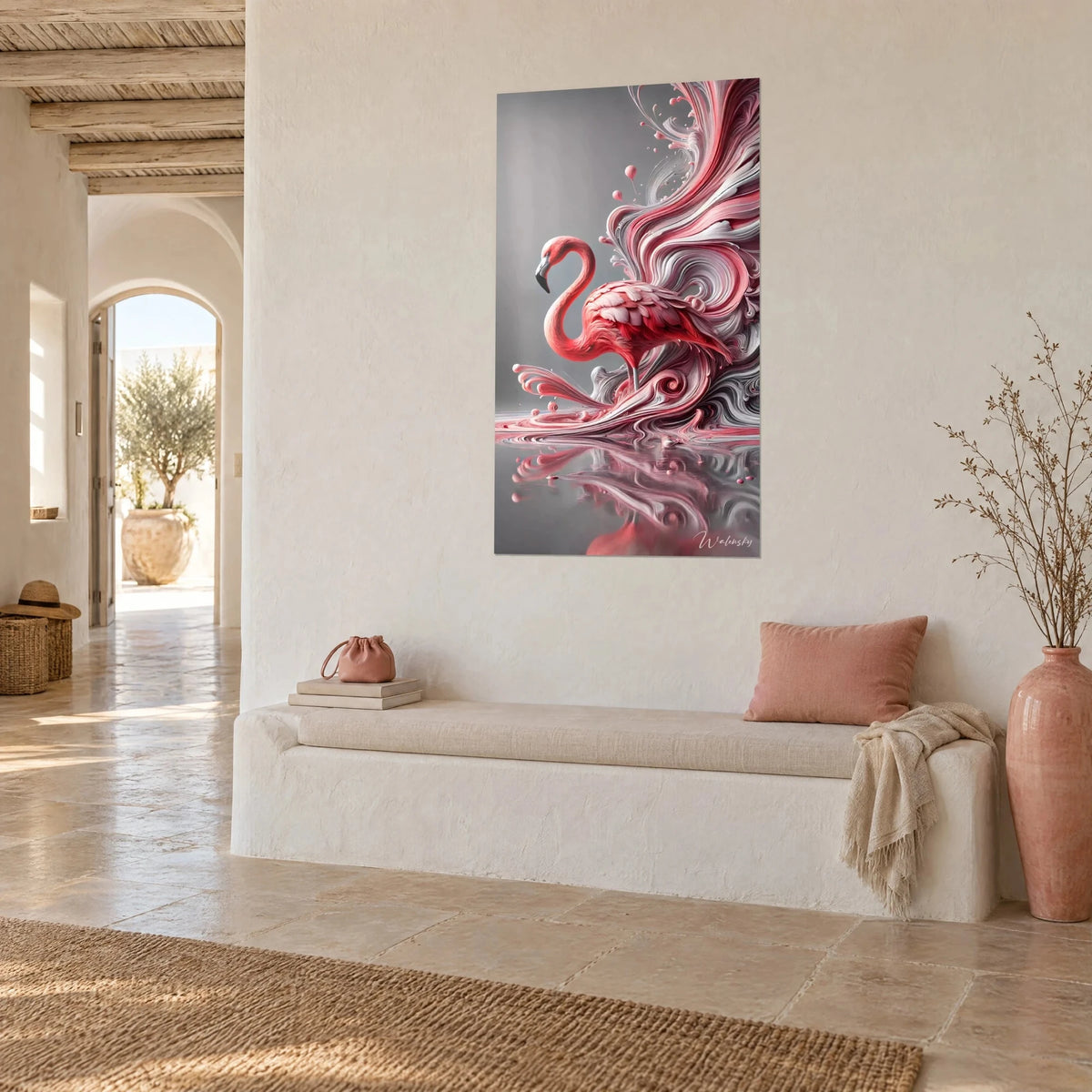 Wall art bird with a long curved neck and carmine feathers, swirls of pink cream and silver, white bench, Mediterranean house