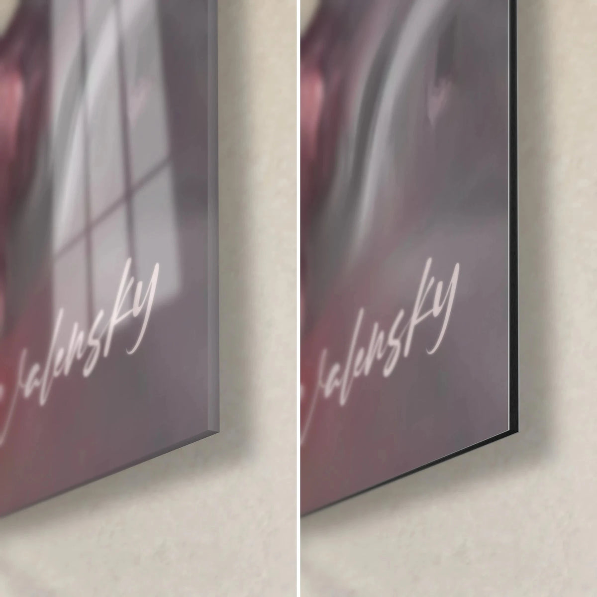 Wall art flamingo and waves of grey paint, bottom right corner: glossy acrylic glass on the left, matte Dibond and 3 mm edge on the right