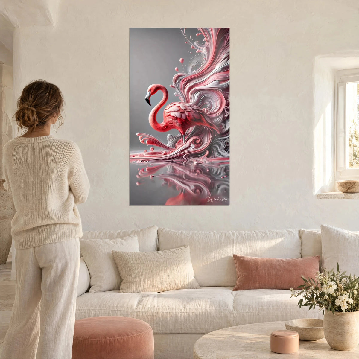 Wall art pink flamingo sculpted from swirls of grey and coral paint, woman seen from behind, above a sofa in a bright living room