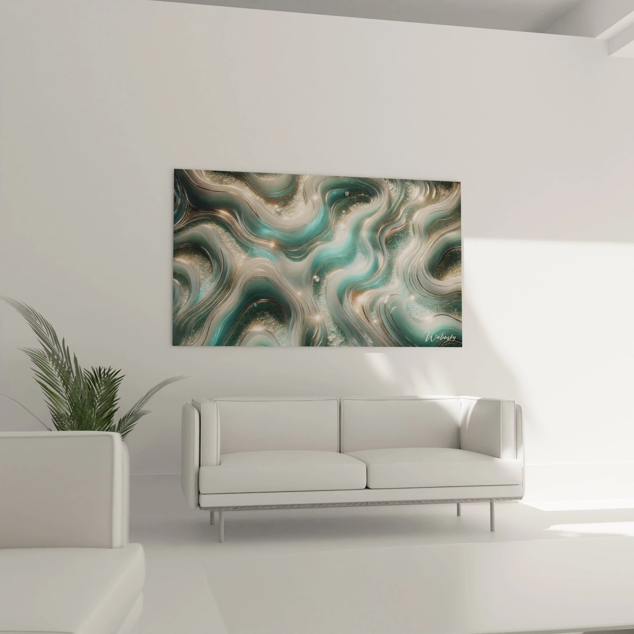 Tableau style epoxy accroché au-dessus du canapé dans le salon, où les couleurs apaisantes de l’océan et les reflets lumineux créent une atmosphère de calme et de contemplation, parfaite pour se détendre.

