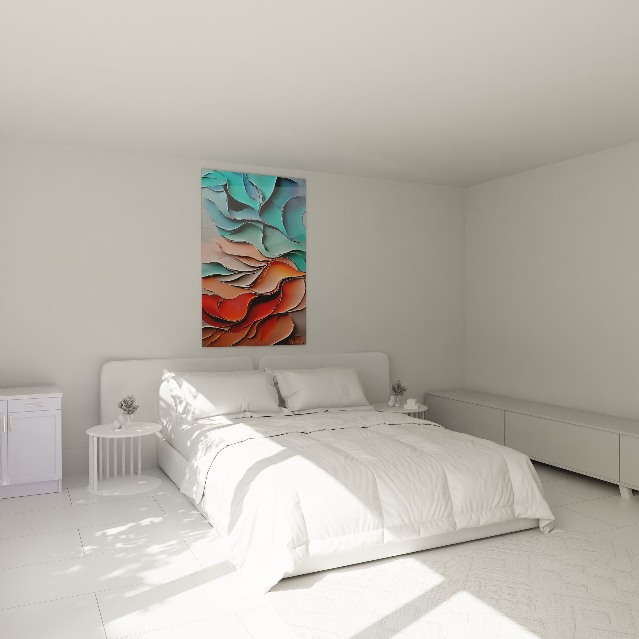 Tableau formes ondulantes installé dans chambre moderne décoration murale abstraite ambiance contemporaine