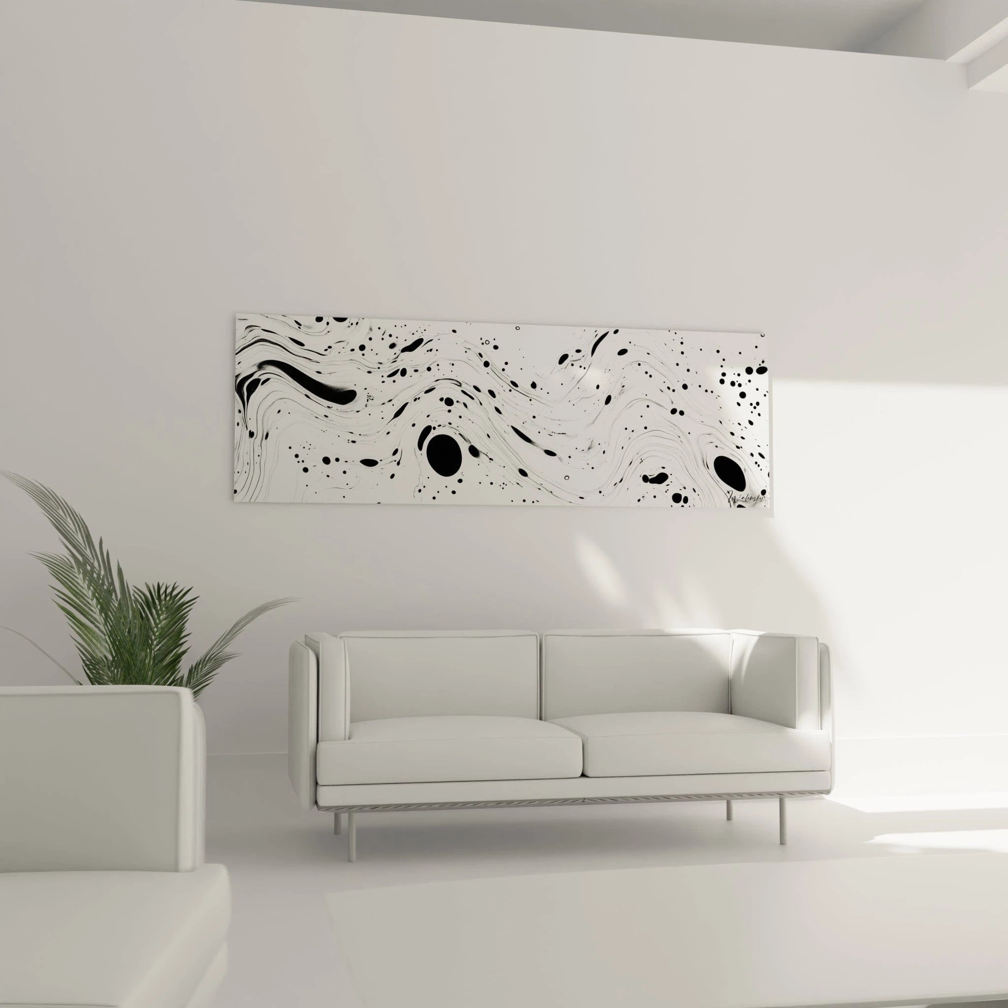 Tableau tacheté noir et blanc de Walensky accroché au mur dans un salon moderne