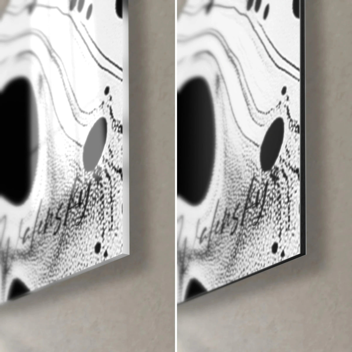 Wall art with a black ink wave on white background, bottom right corner: glossy acrylic glass on the left, matte Dibond on the right, 3 mm edge
