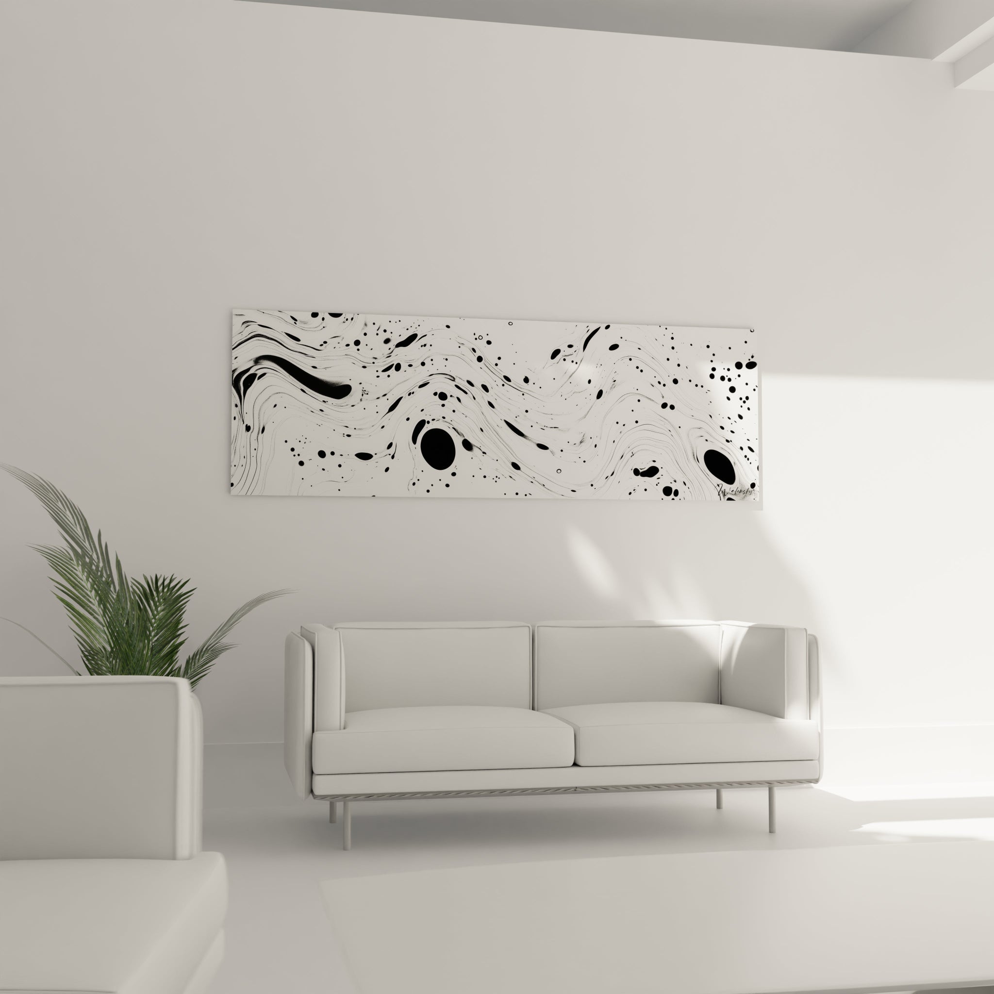 Tableau tacheté noir et blanc de Walensky accroché au mur dans un salon moderne