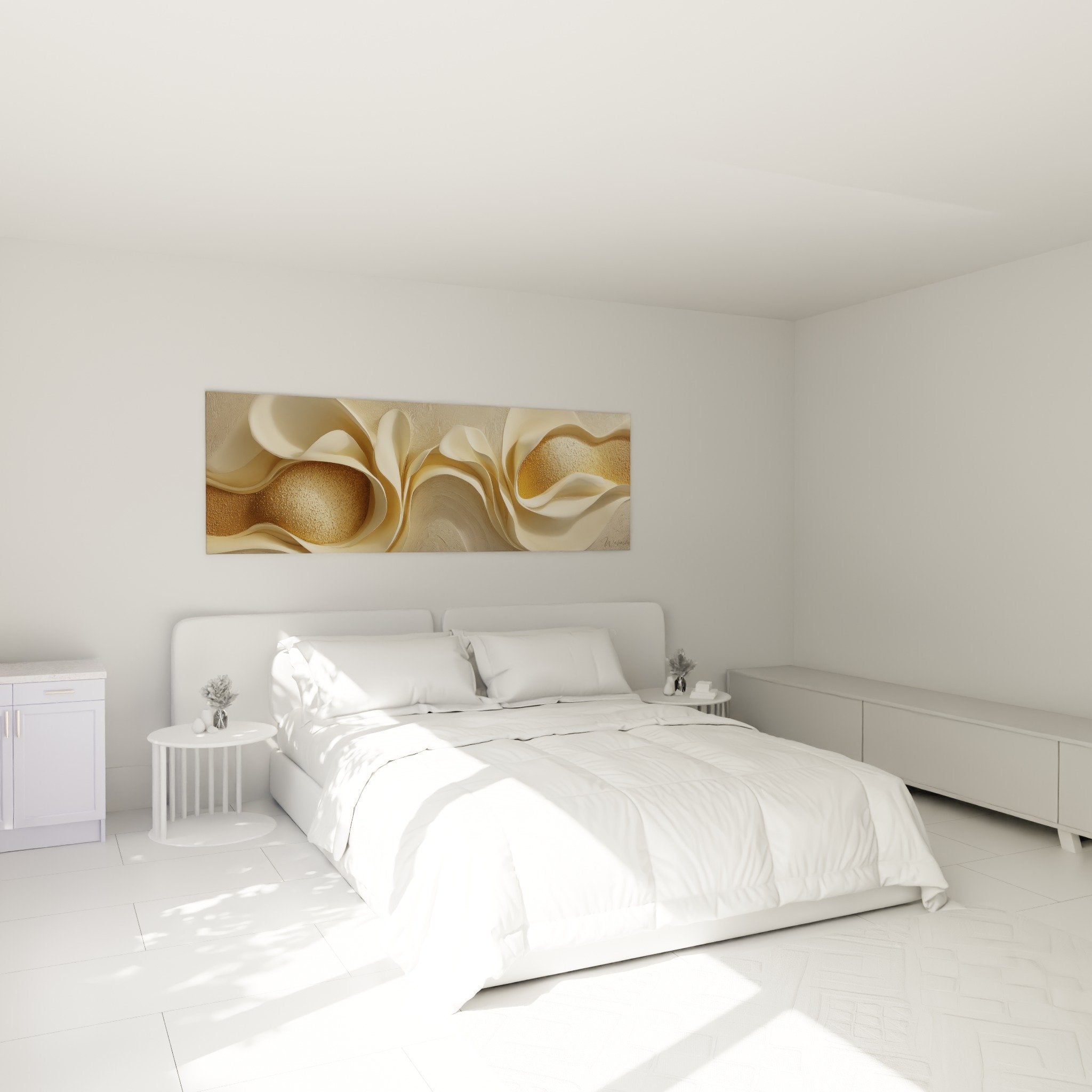 Tableau ondulations beiges dorees dans chambre moderne mur blanc decoration zen feng shui centre terre