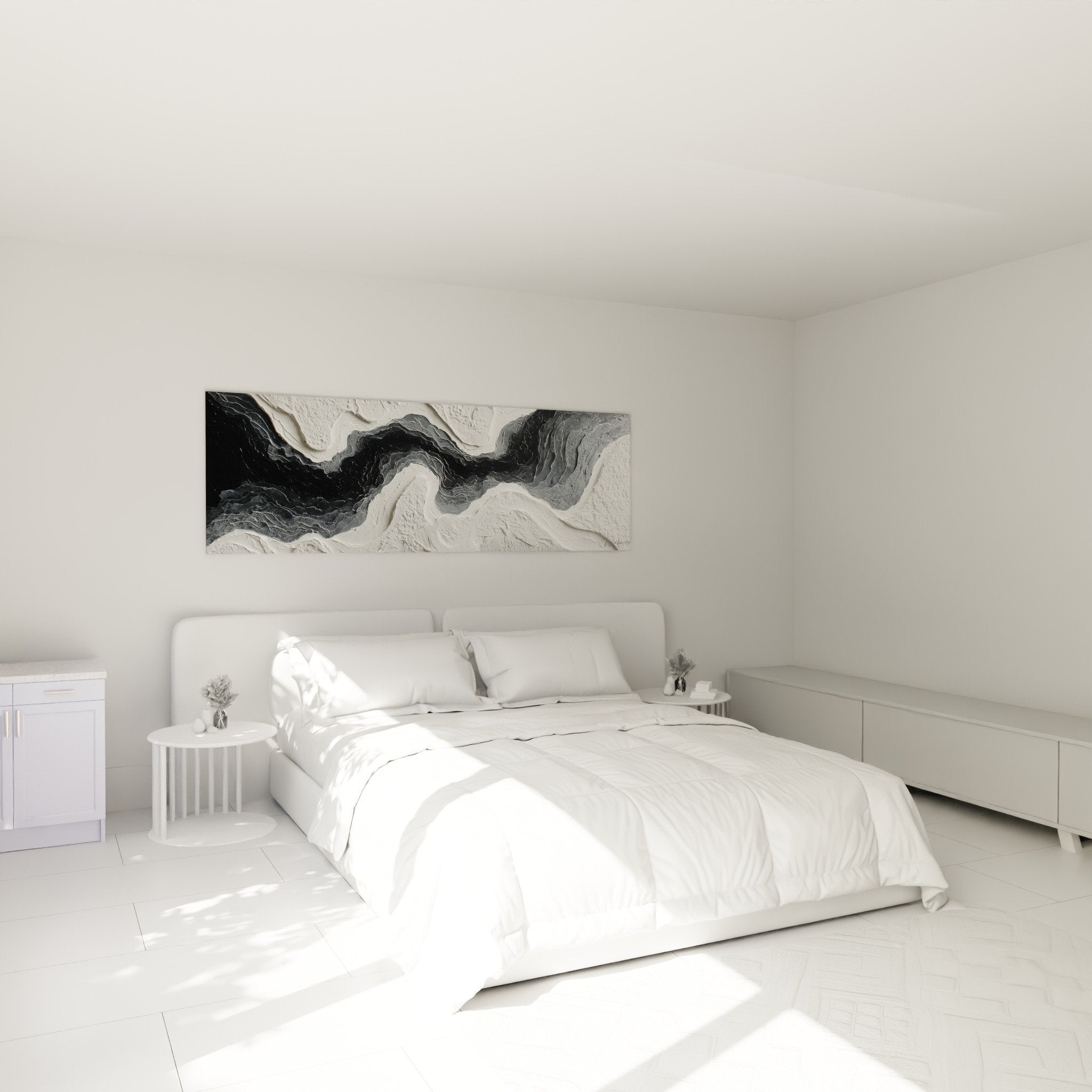 Tableau abstrait ondulations noir blanc gris tete de lit chambre decoration feng shui metal moderne