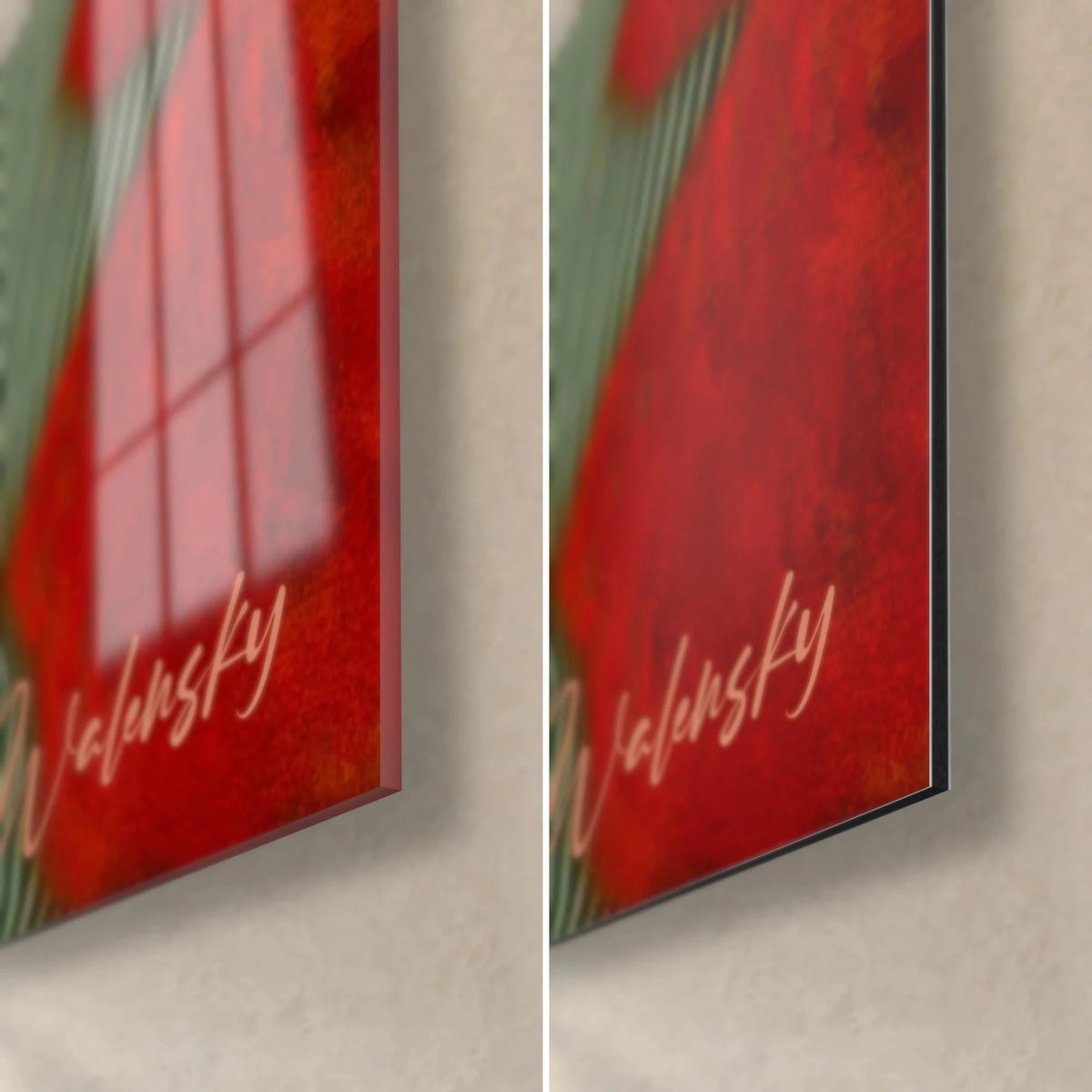 Wall art with op art ripples, vermilion red corner striped with green, glossy acrylic glass and matt Dibond, 3 mm edge