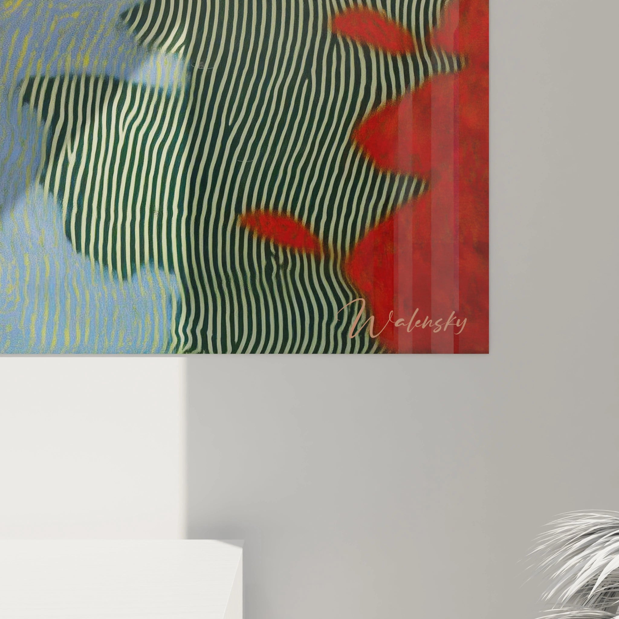 tableau op art moderne Walensky profil abstrait rayures ondulées noir et blanc touches rouges et bleues pour mur
