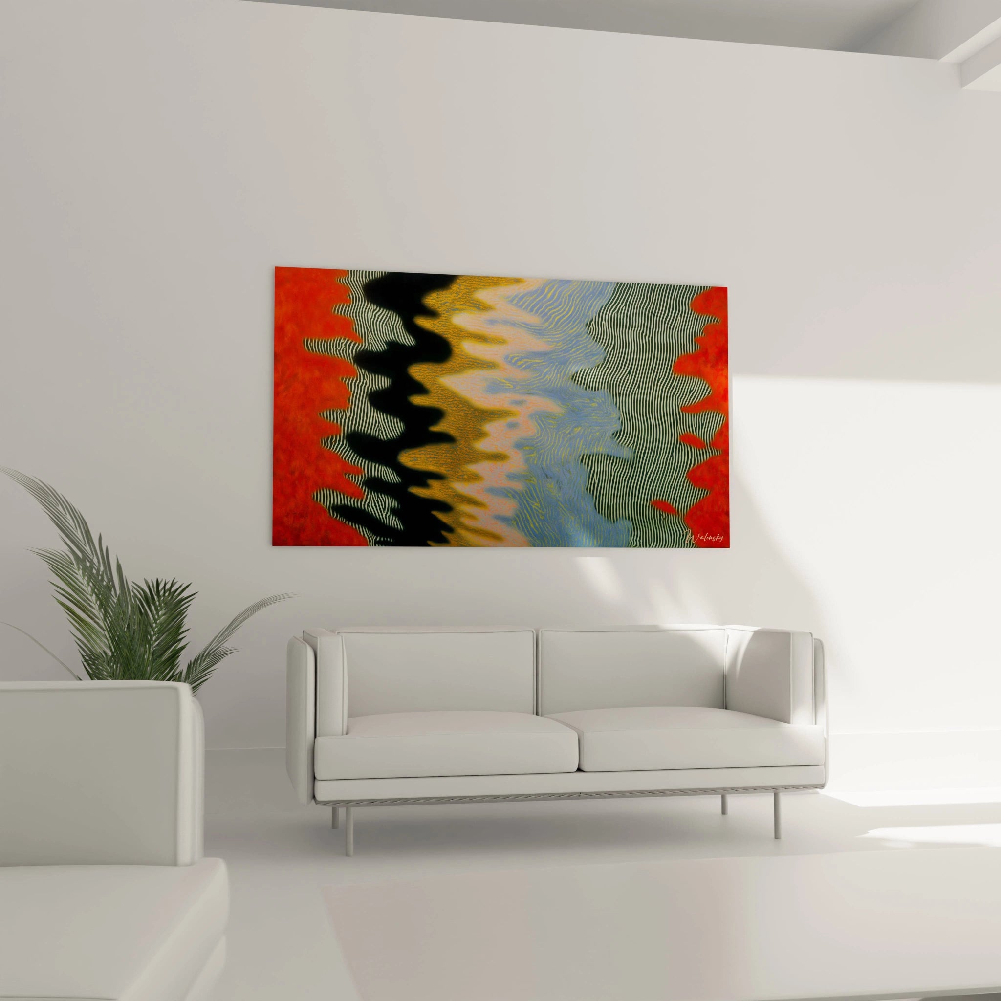 Walensky tableau op art moderne mural abstrait multicolore ondulé accroché au-dessus d'un canapé blanc