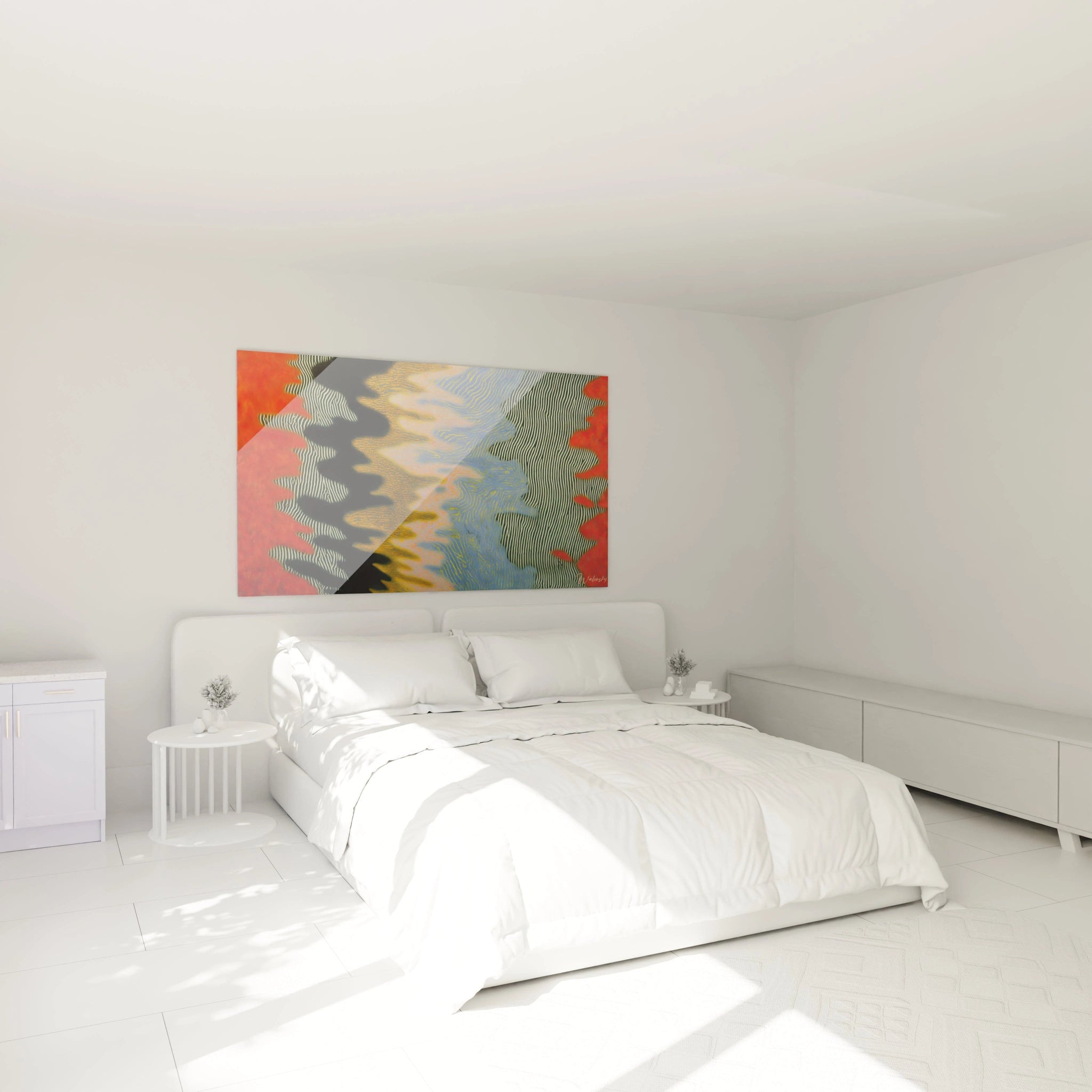 tableau op art moderne Walensky accroché au dessus d un lit dans une chambre blanche minimaliste avec motifs ondulés colorés