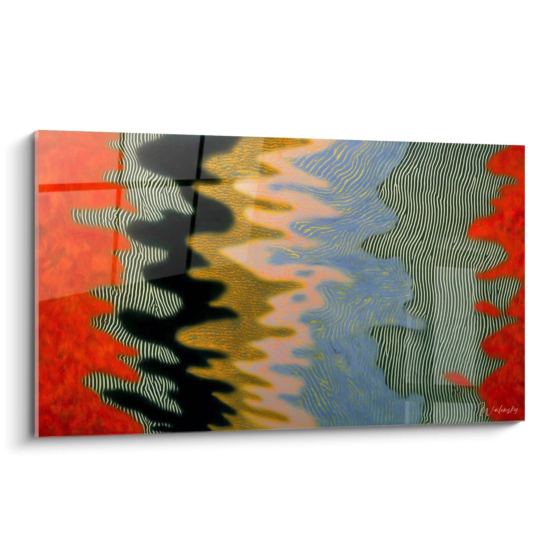Tableau mural Walensky tableau op art moderne abstrait aux ondulations noires rouges dorées et bleues pour décor intérieur