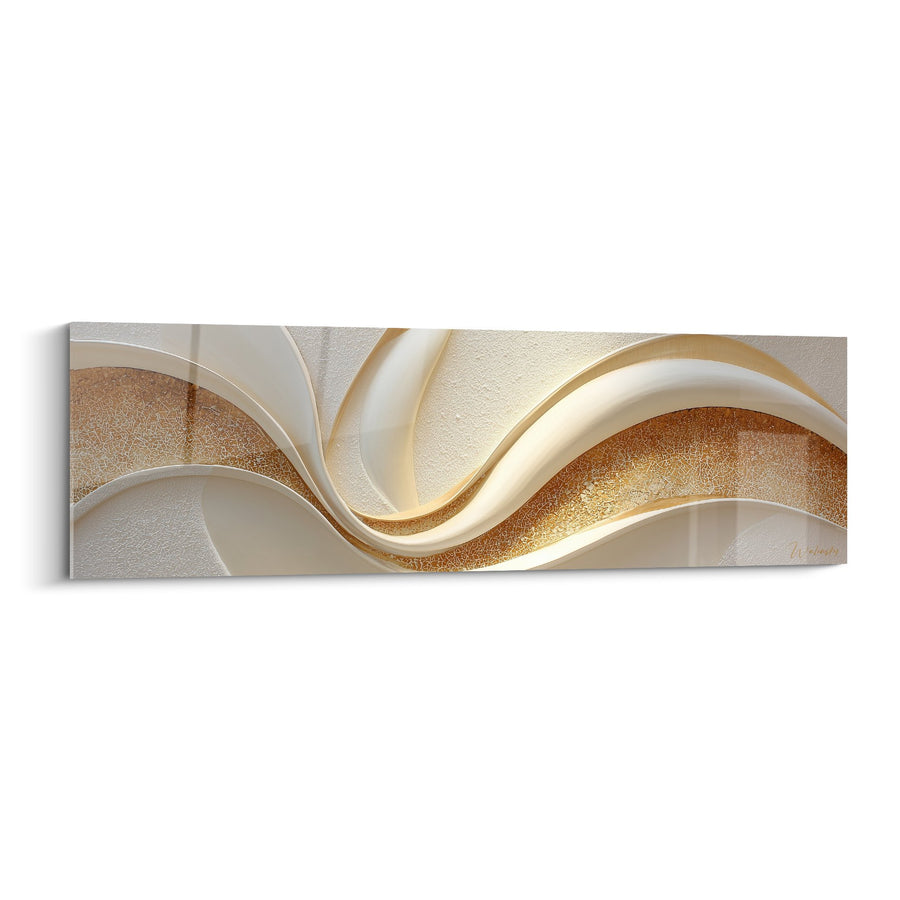 Tableau abstrait ondulations dorées et beiges sur fond nacré - Harmonie Fluide - Edition Feng shui Centre Terre