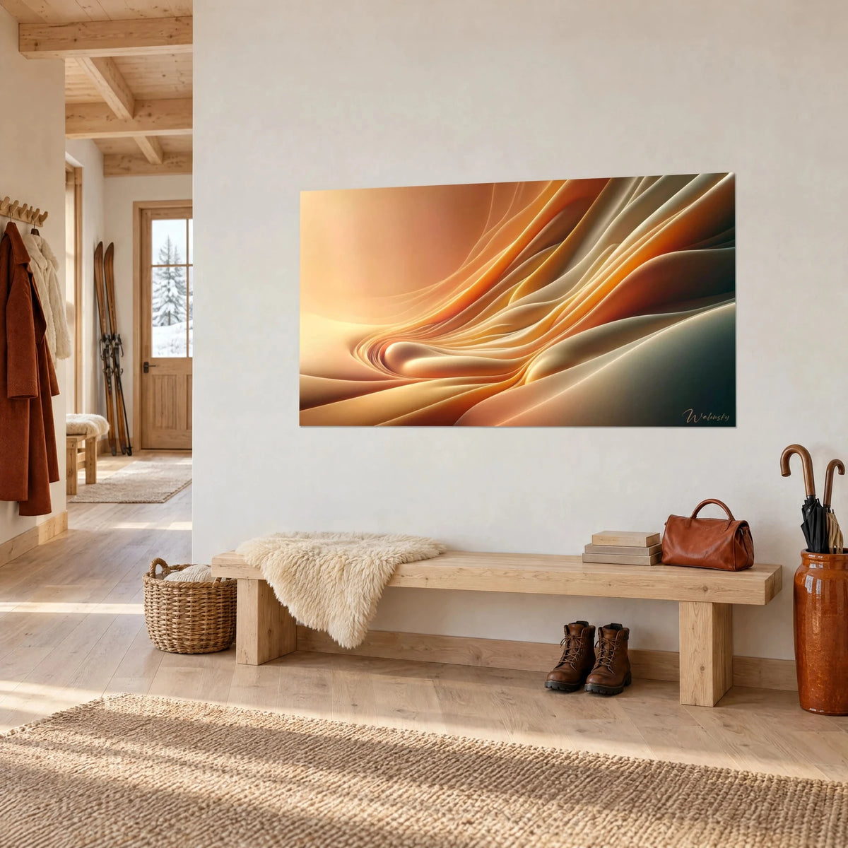 Tableau plis drapés orange et ivoire sur mur blanc, banc en bois, bottines brunes et plaid, chalet de montagne