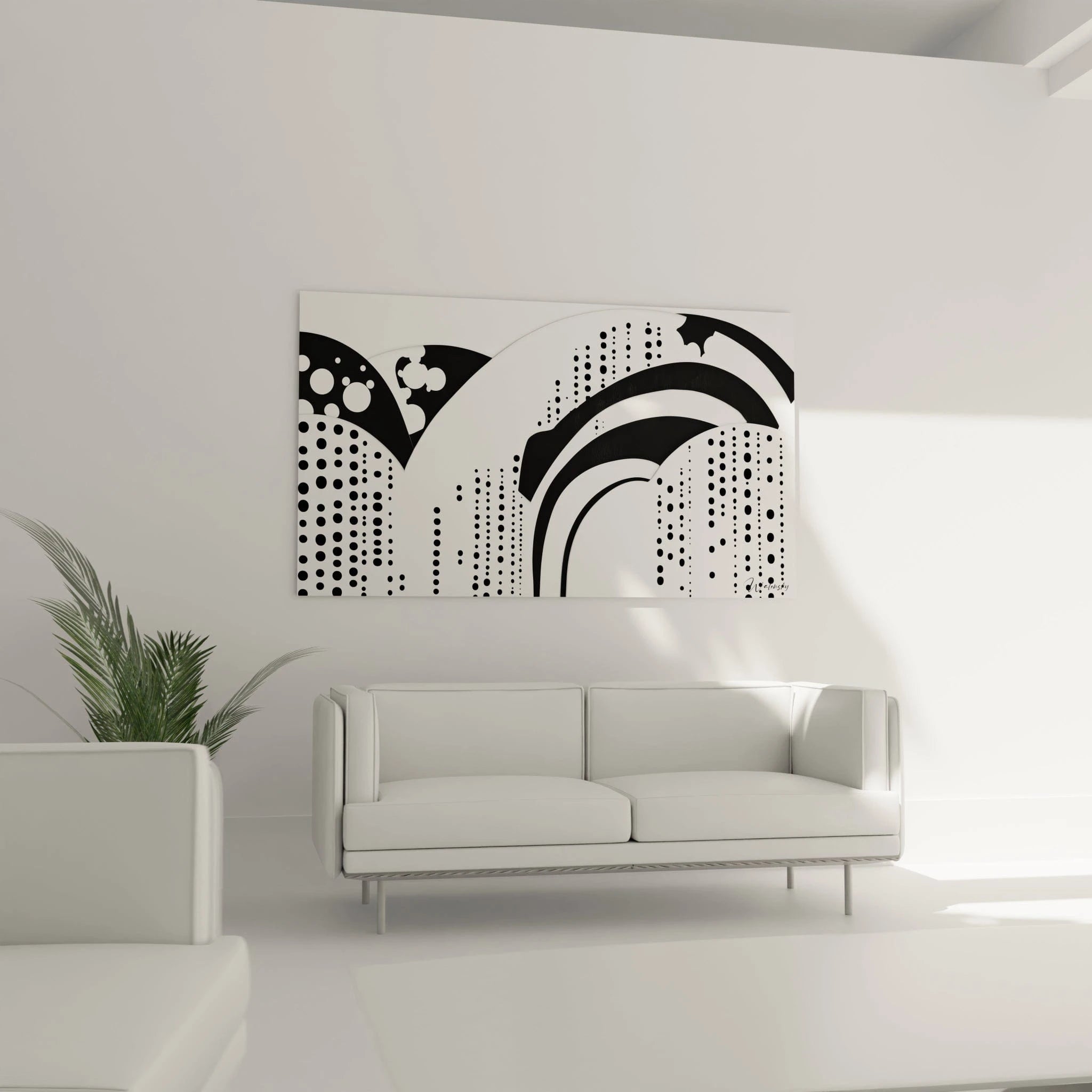 Tableau moderne tacheté noir et blanc de Walensky, parfait pour décorer un salon contemporain.